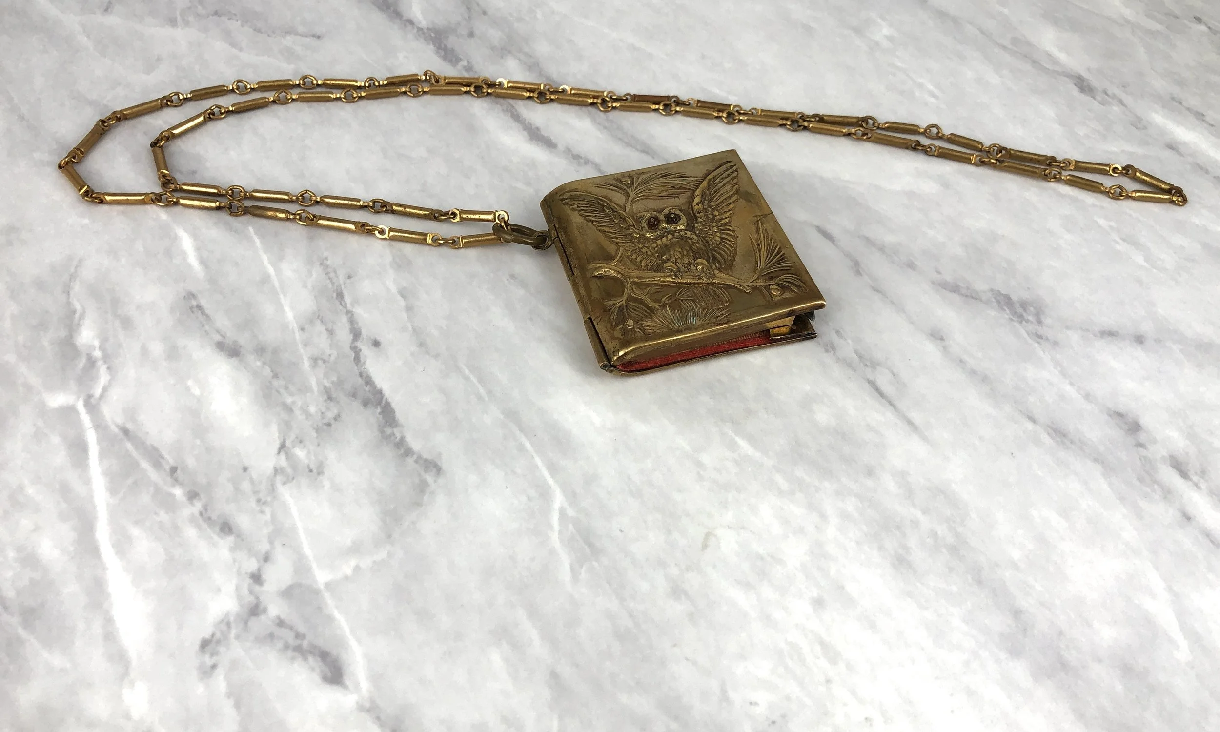 1900s Owl with Beaded Eyes Dance Card Notebook Locket Pendant Necklace