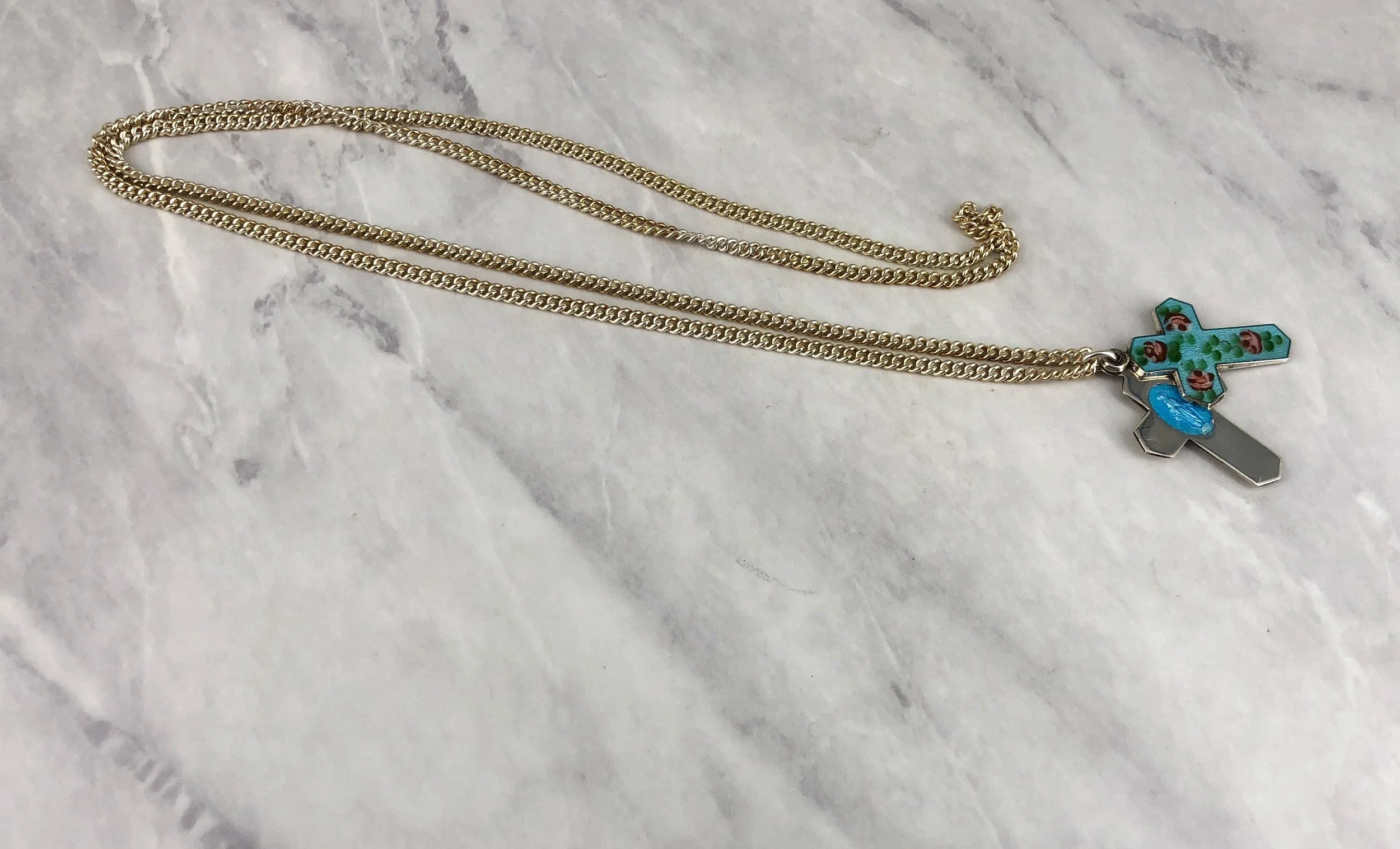 Vintage Aqua & Pink Rose Enameled Sliding Cross Miraculous St Christopher Necklace