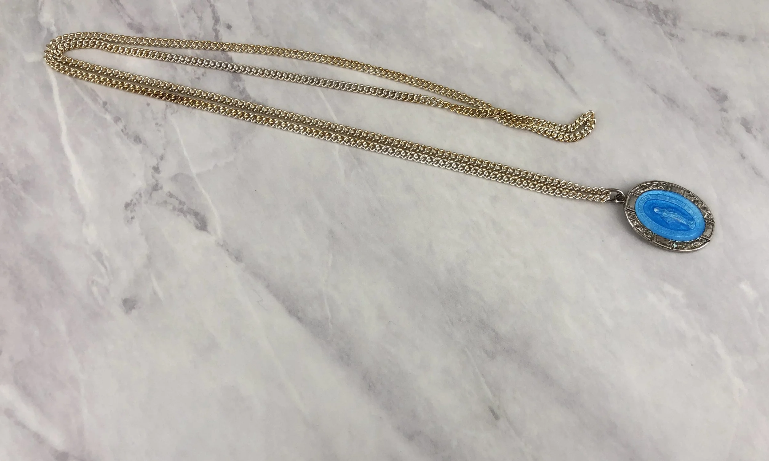 Vintage Azure Blue Enameled 1” Virgin Mary Miraculous Necklace