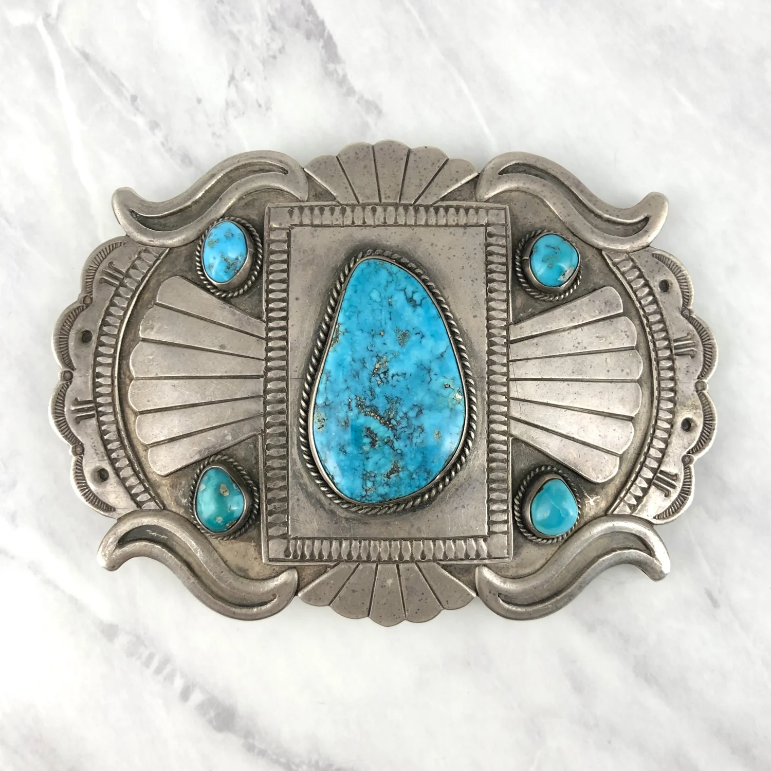 Vintage Navajo Turquoise Overlay Silver Lg Statement Belt 