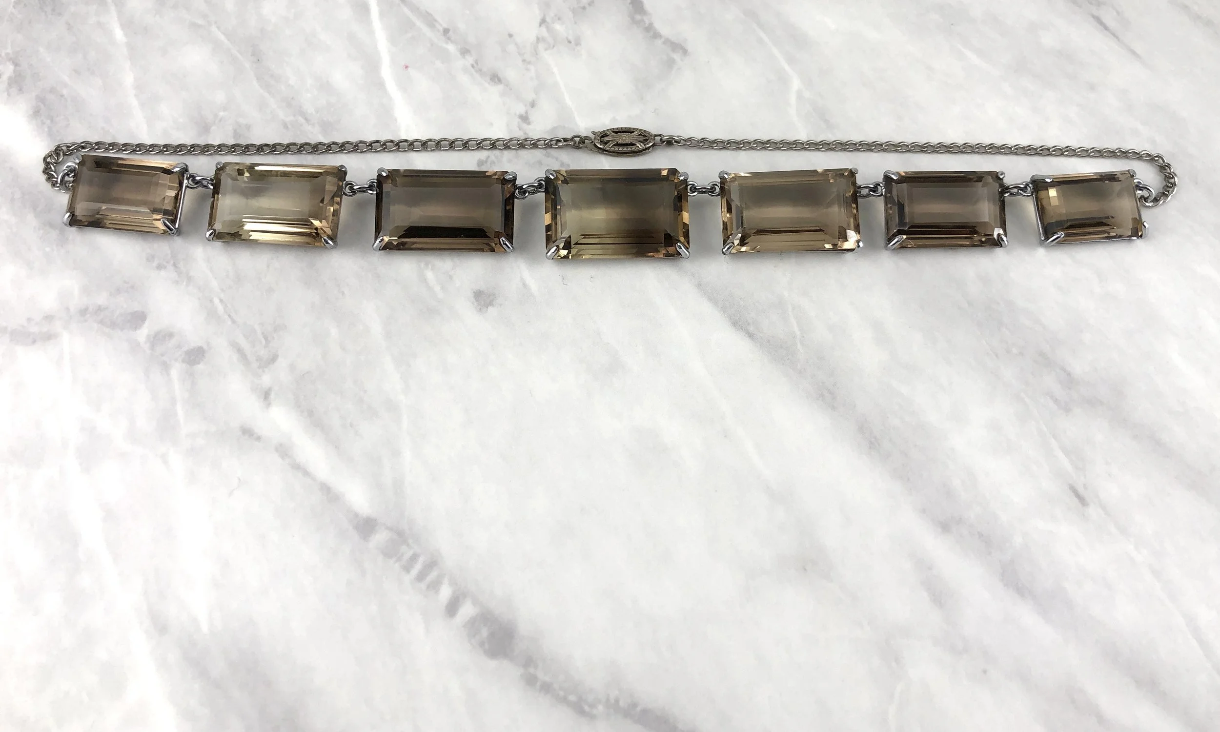 Vintage Emerald Cut Smoky Quartz Prong Set Open Back Sterling Necklace JAPAN