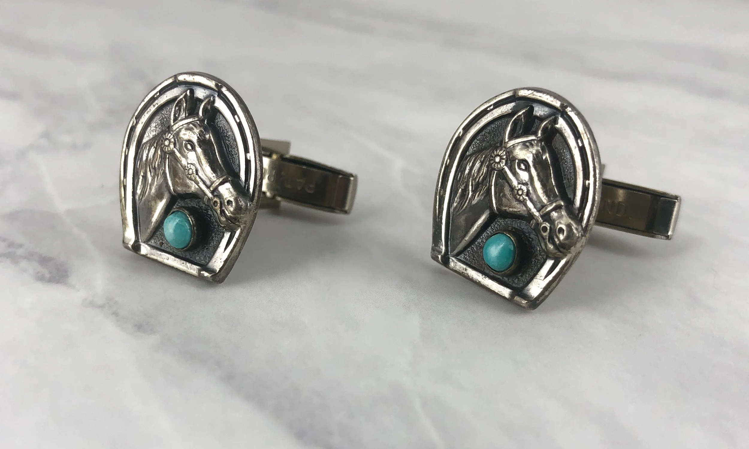Vintage Trading Post Turquoise & Horseshoe Silver Cufflinks