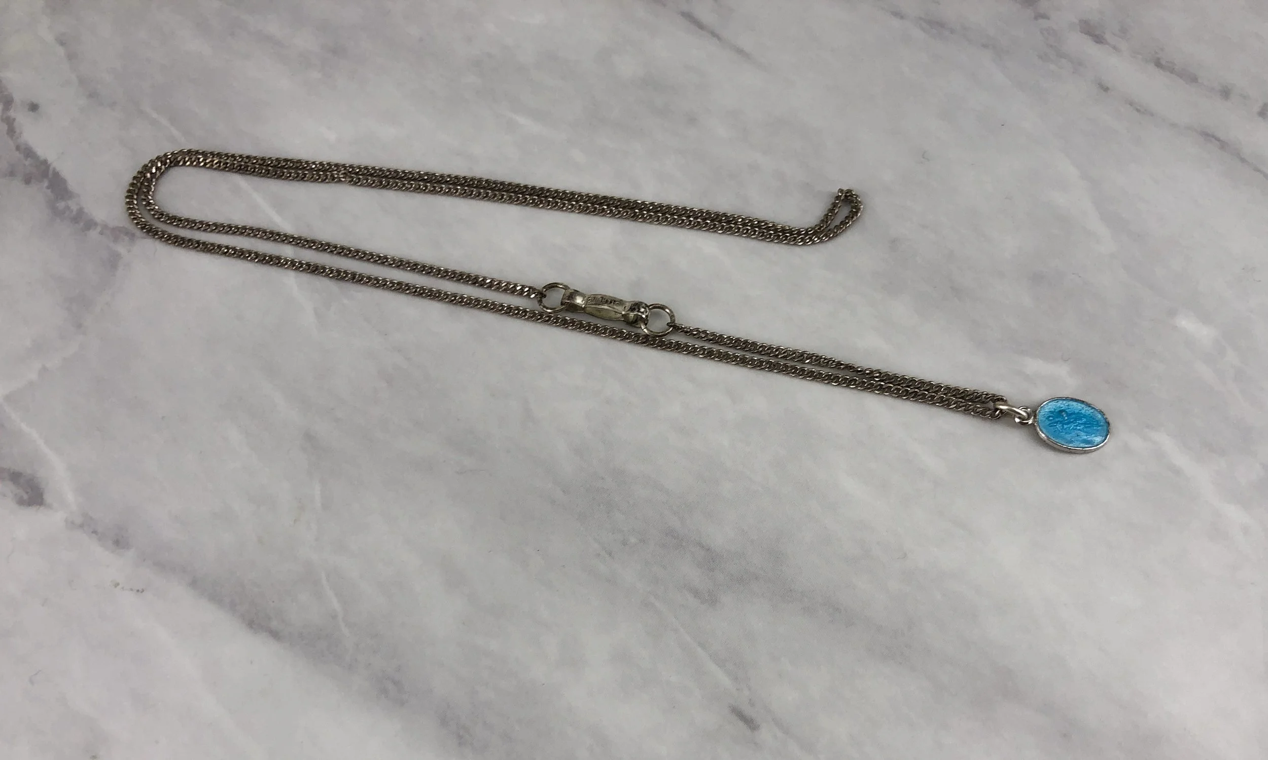 Vintage Tiny Aqua Blue Enameled Silver 3/8” St Christopher Necklace