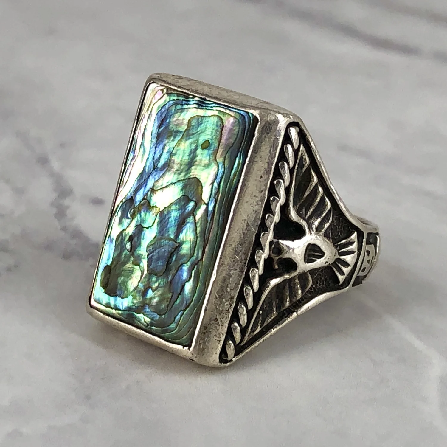 Vintage Fred Harvey Abalone Thunderbirds and Kachinas Ring — Worn