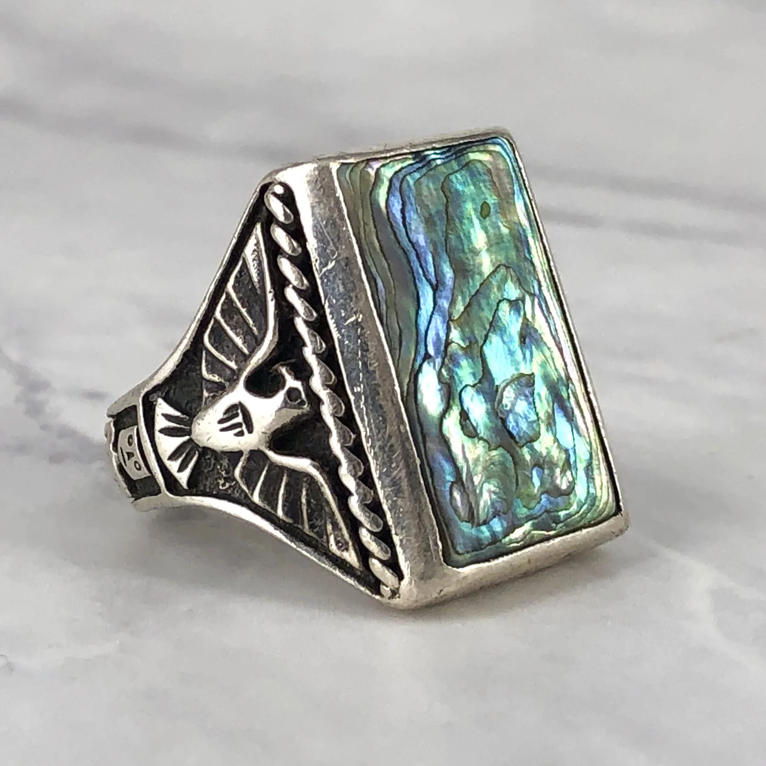 Vintage Fred Harvey Abalone Thunderbirds and Kachinas Ring — Worn