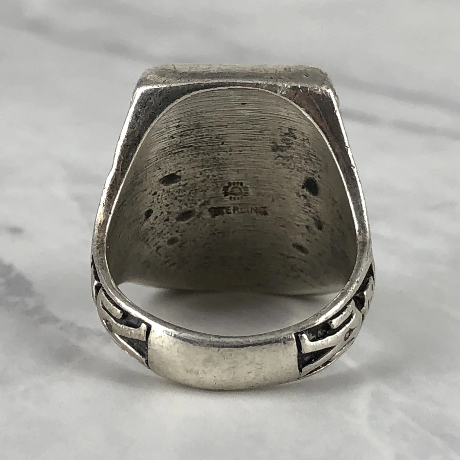Vintage Fred Harvey Abalone Thunderbirds and Kachinas Ring — Worn