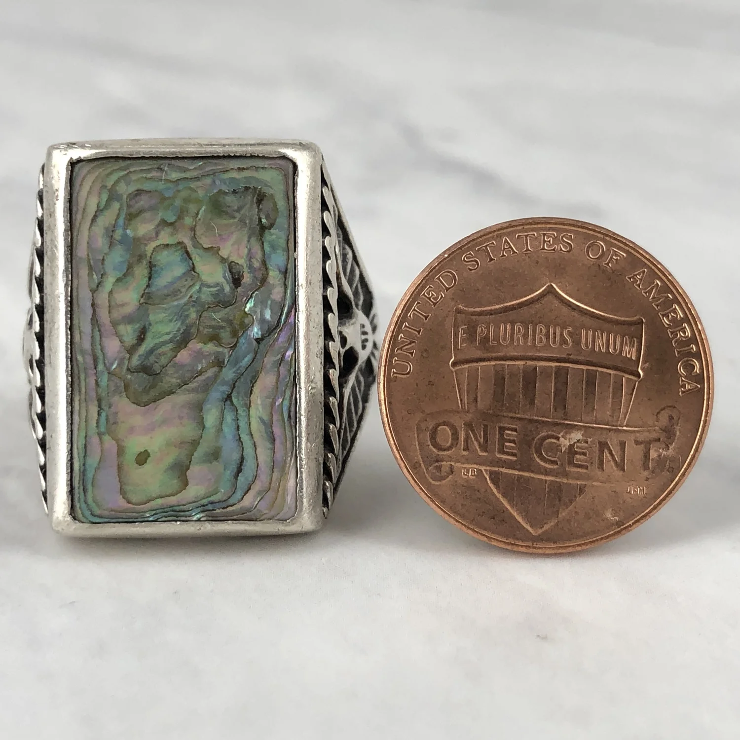 Vintage Fred Harvey Abalone Thunderbirds and Kachinas Ring — Worn