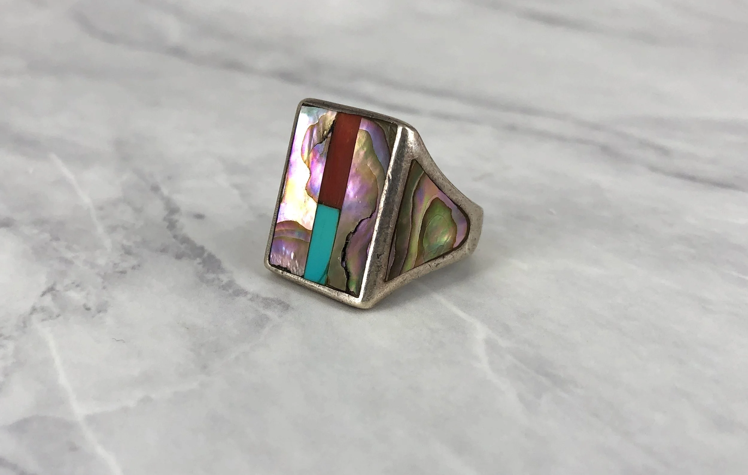 Vintage Abalone Coral & Turquoise Silver Ring