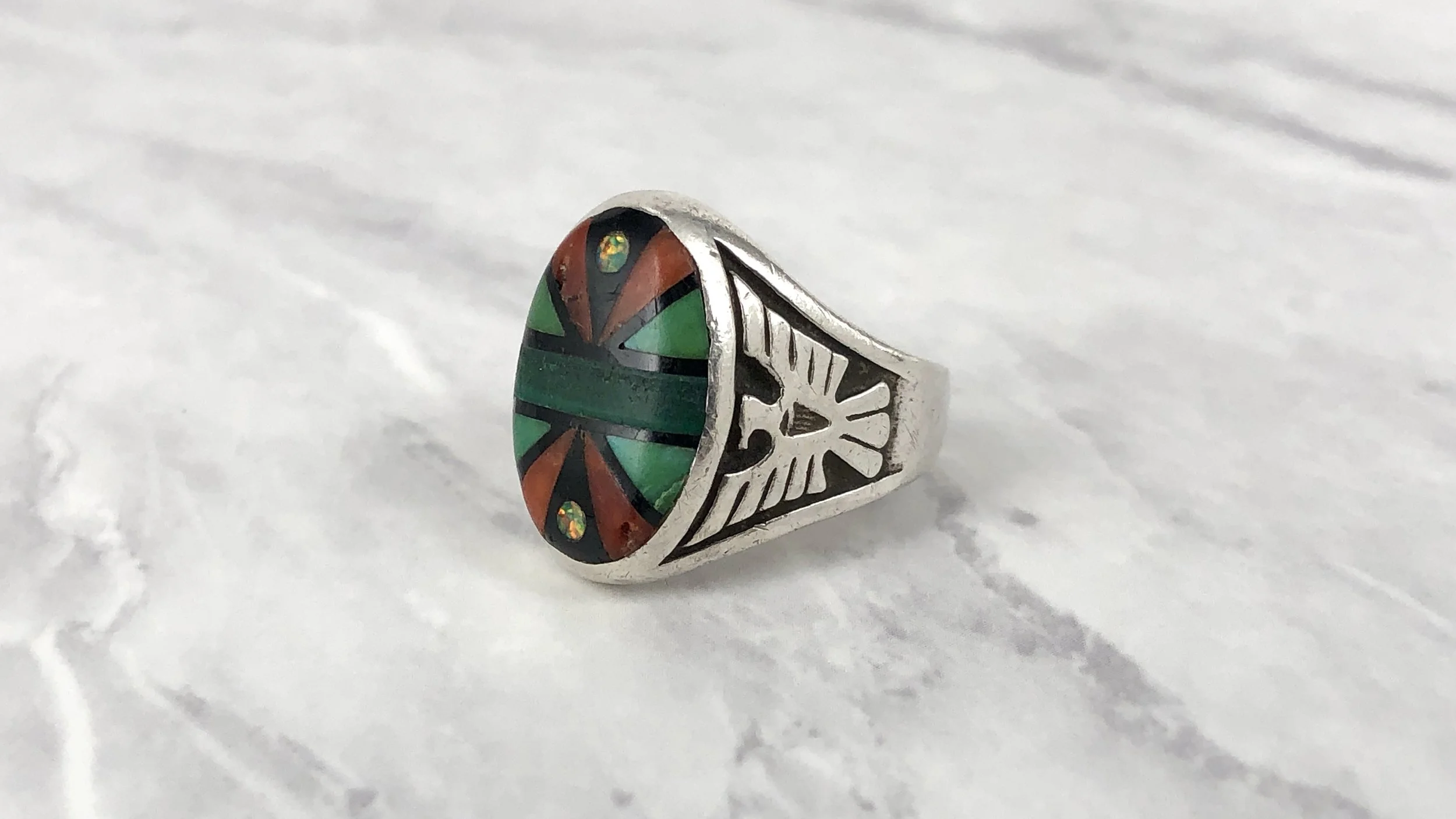 Vintage Zuni Multi Stone Inlaid Thunderbird Silver Ring