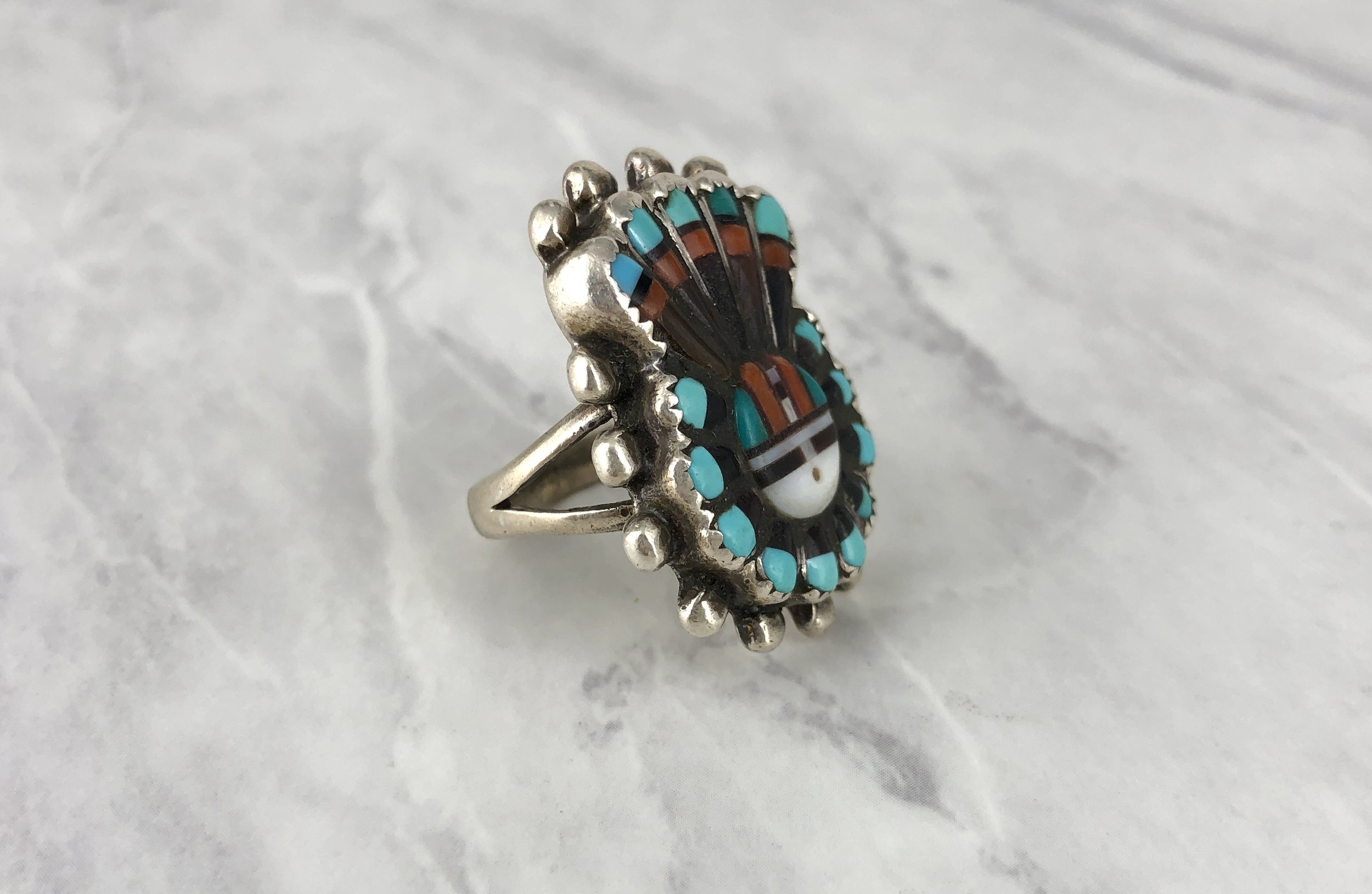Vintage Zuni Sun God Chief Multi Stone Inlay Silver Ring