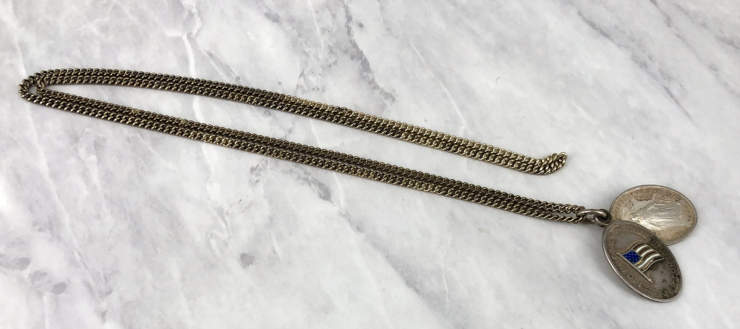 Vintage Red White Blue Enameled U.S. Flag Virgin Mary Miraculous Sliding I.D. Tag Necklace