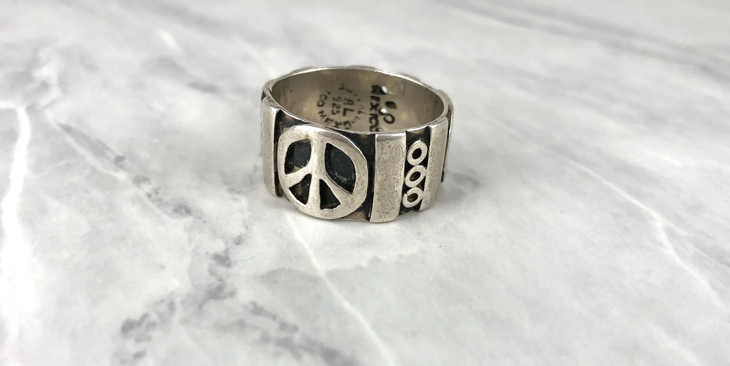 Vintage Peace Sign Silver Band Mexican Ring