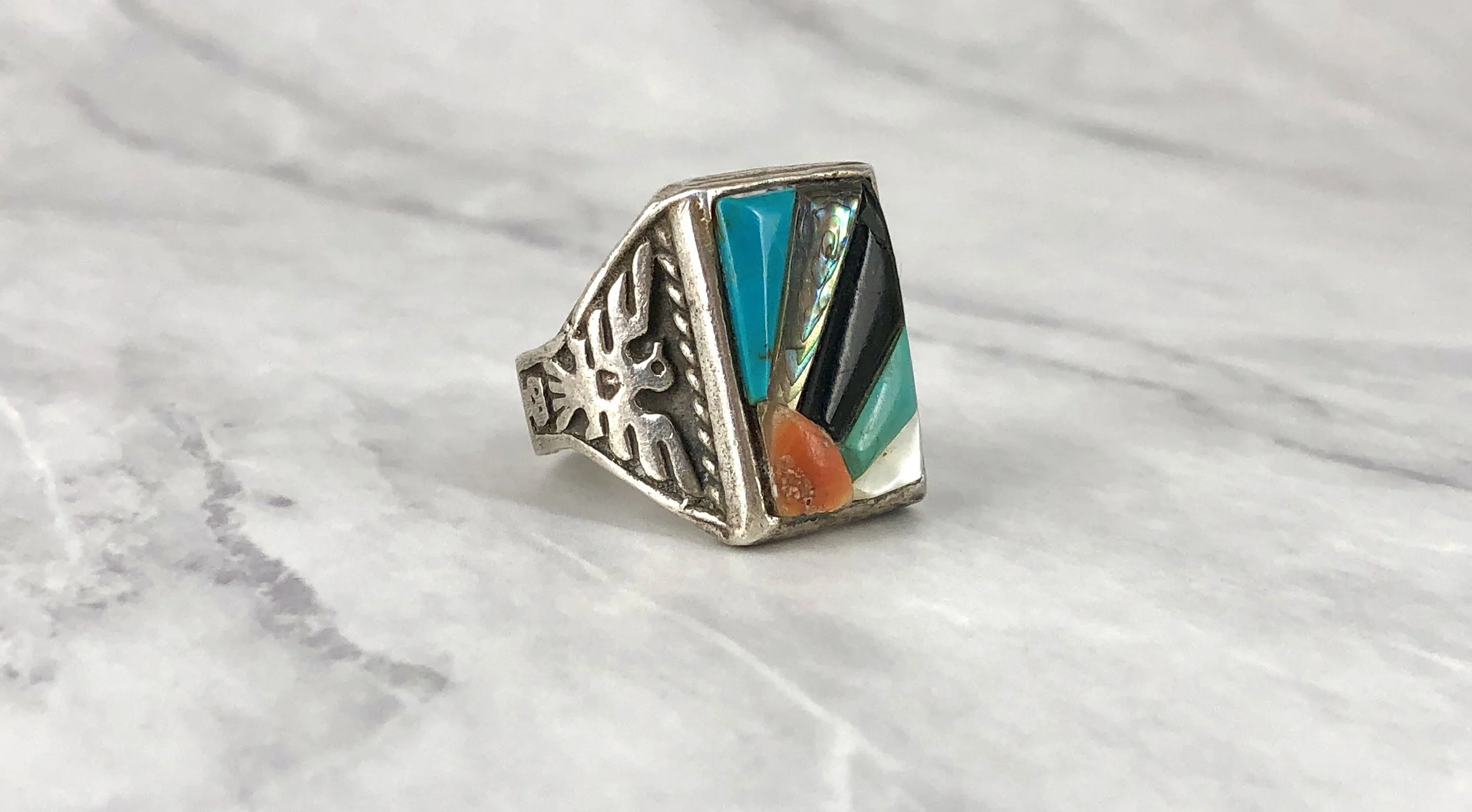 Vintage Zuni Multi Stone Inlaid Sunrise ~ Sunset Silver Thunderbird Kachina Ring