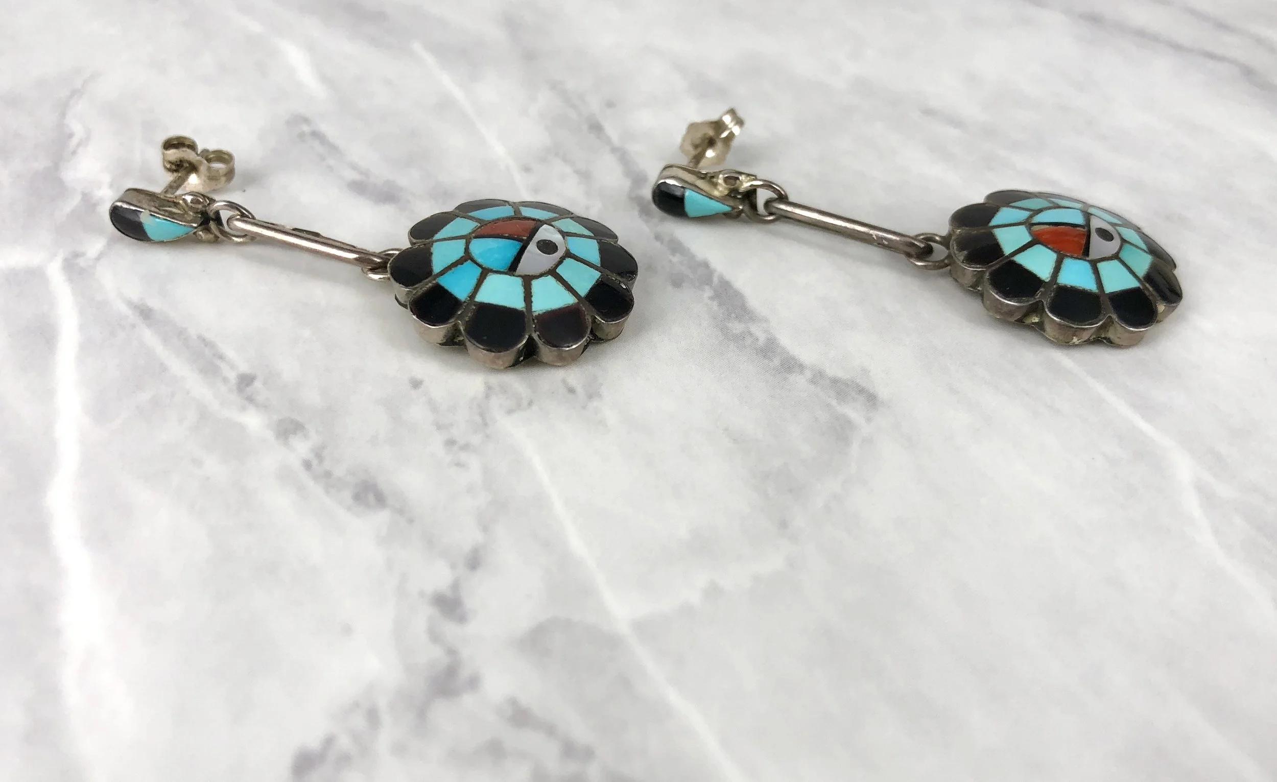 Vintage Zuni Sun God Multi Stone Inlay Dangle Earrings