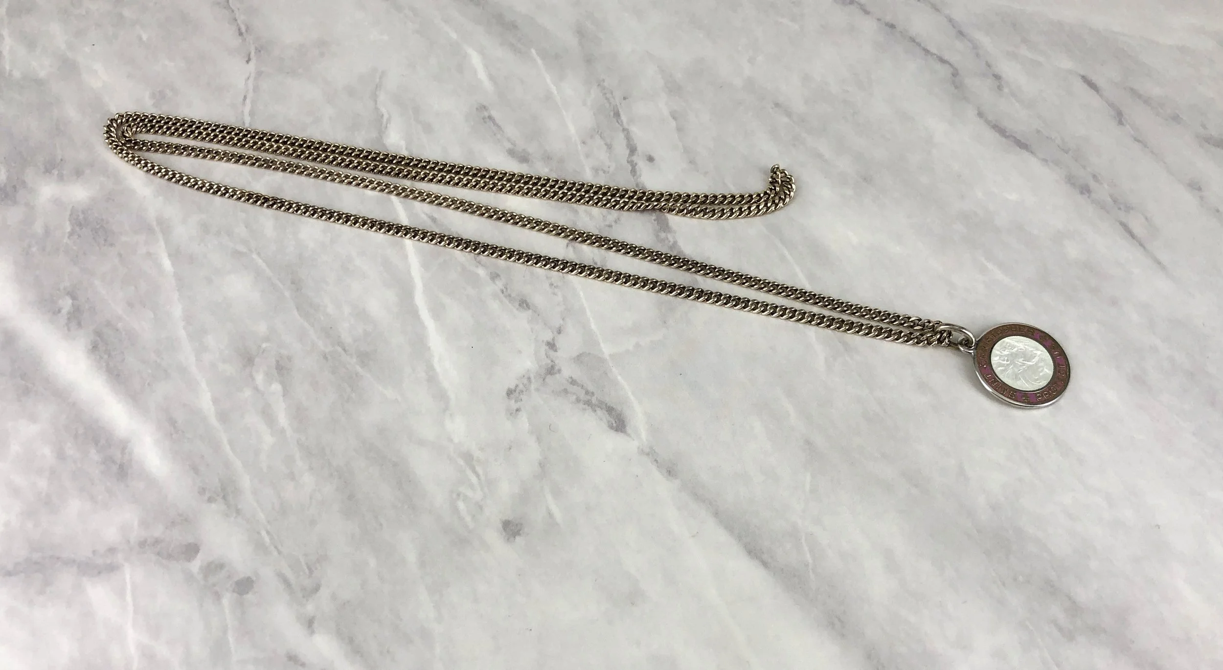 Vintage Lilac and White Enameled Silver 3/4” St Christopher Necklace