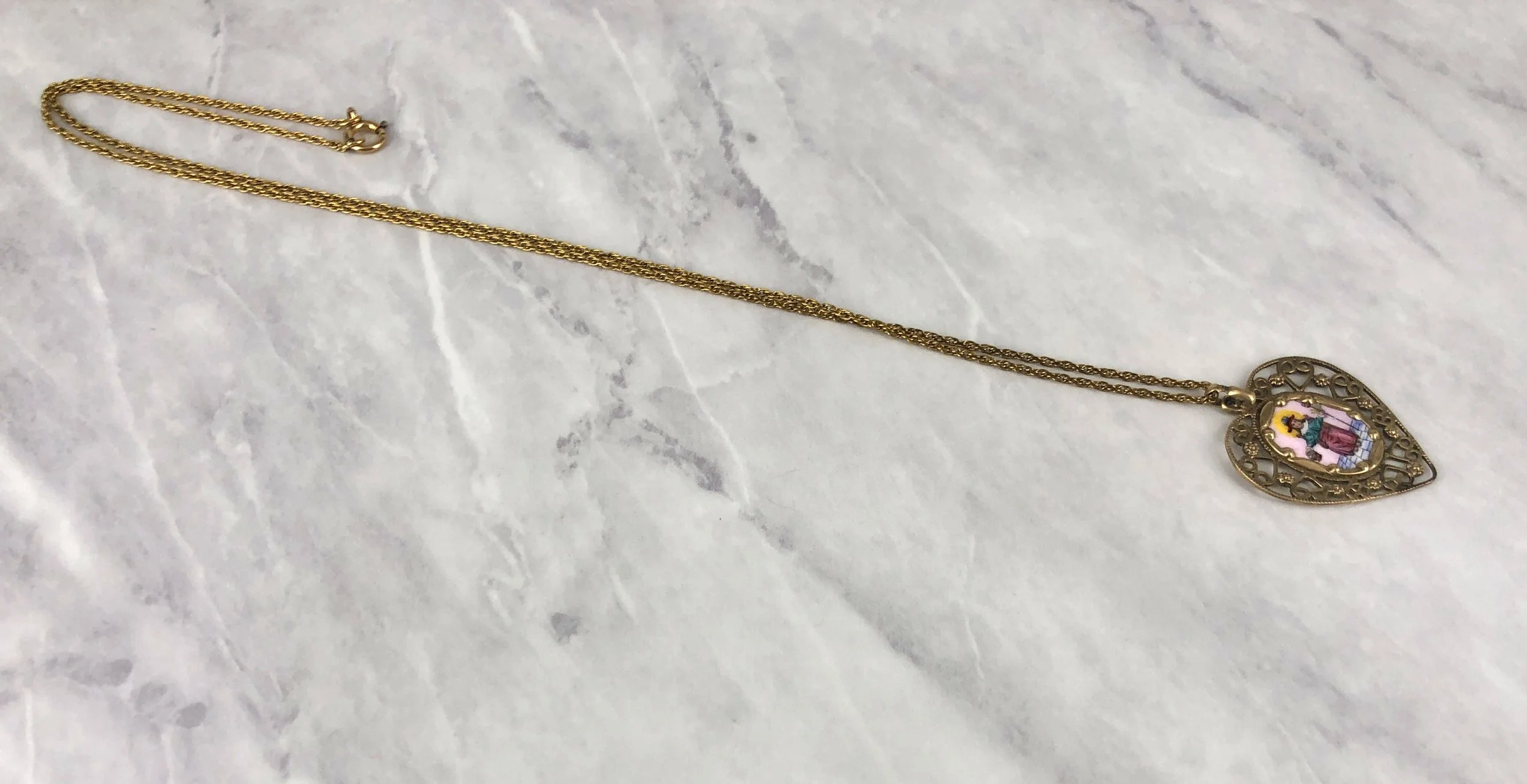 Vintage Multi Color Enameled 1” Santo Nino de Atocha G.F. Heart Necklace