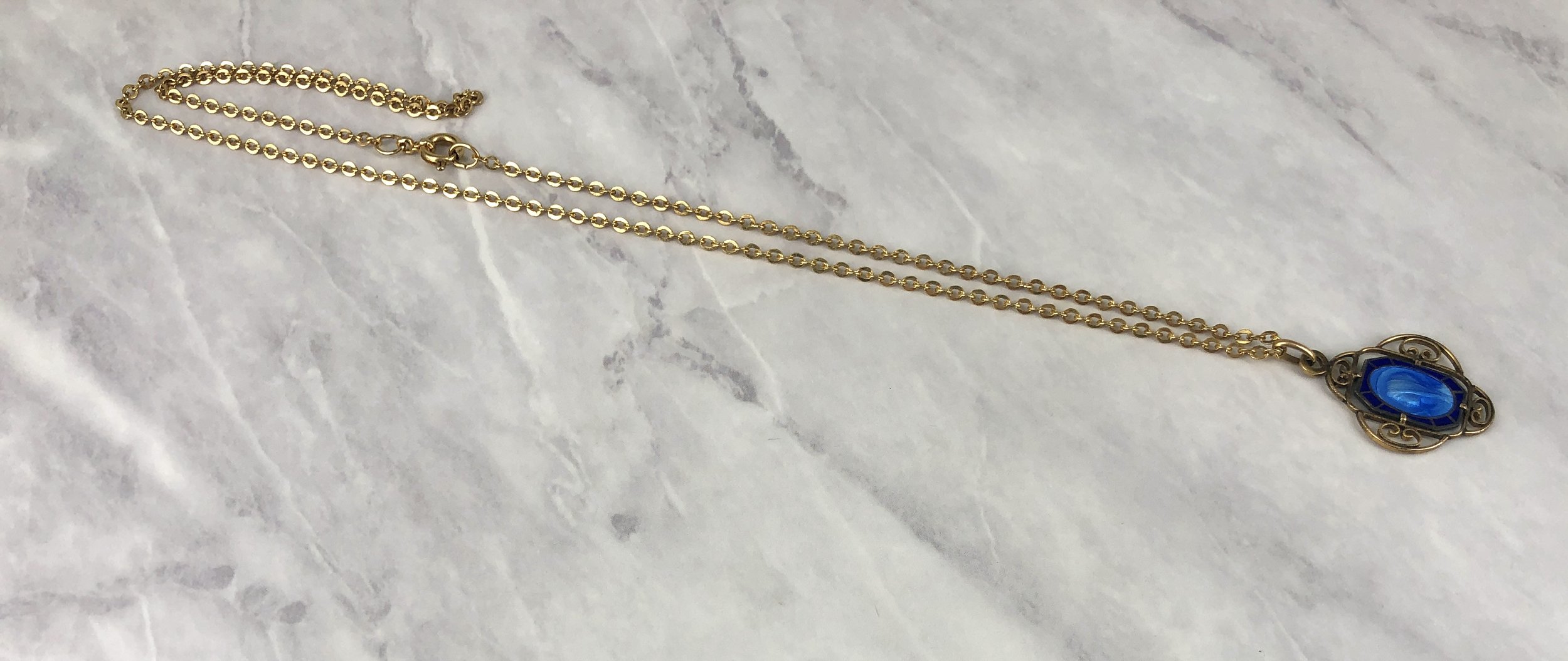 Vintage French 2-Tone Blue Enameled 1” Lourdes G.P. Necklace