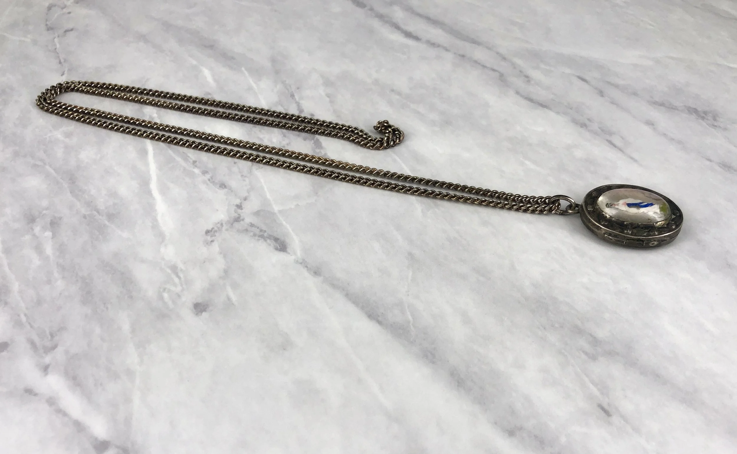 1900’s Virgin Mary Painted Glass and Silver 1” Locket Necklace