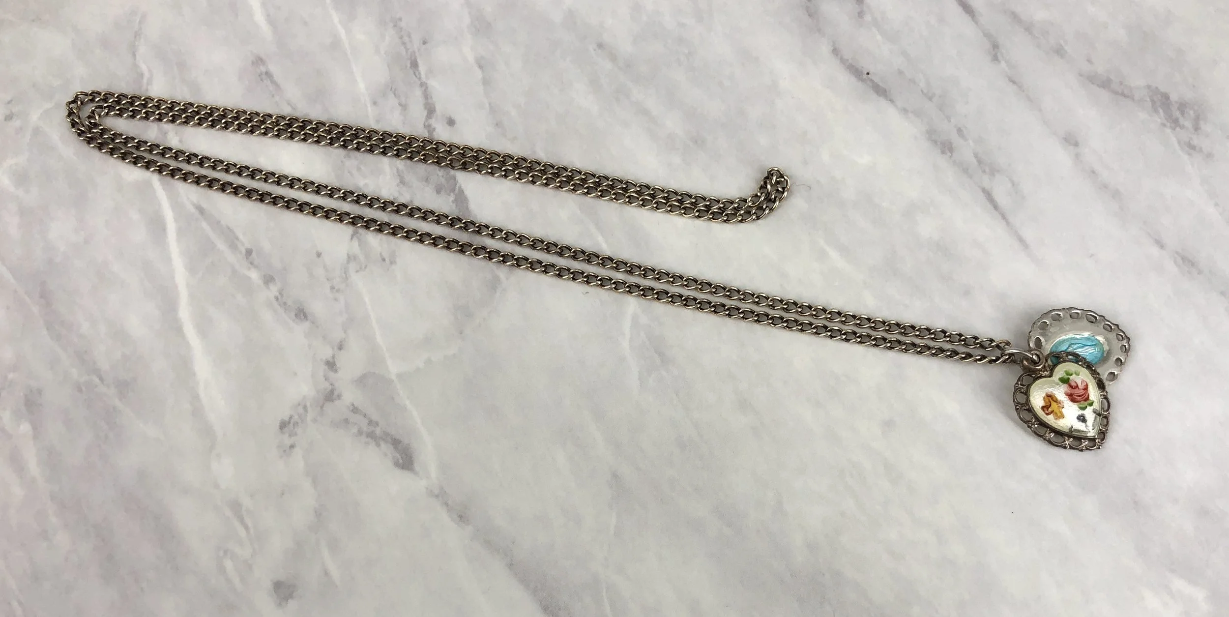 Vintage Enamel Rose Anchor Cross St Christopher Miraculous Sliding Heart Pendant Necklace