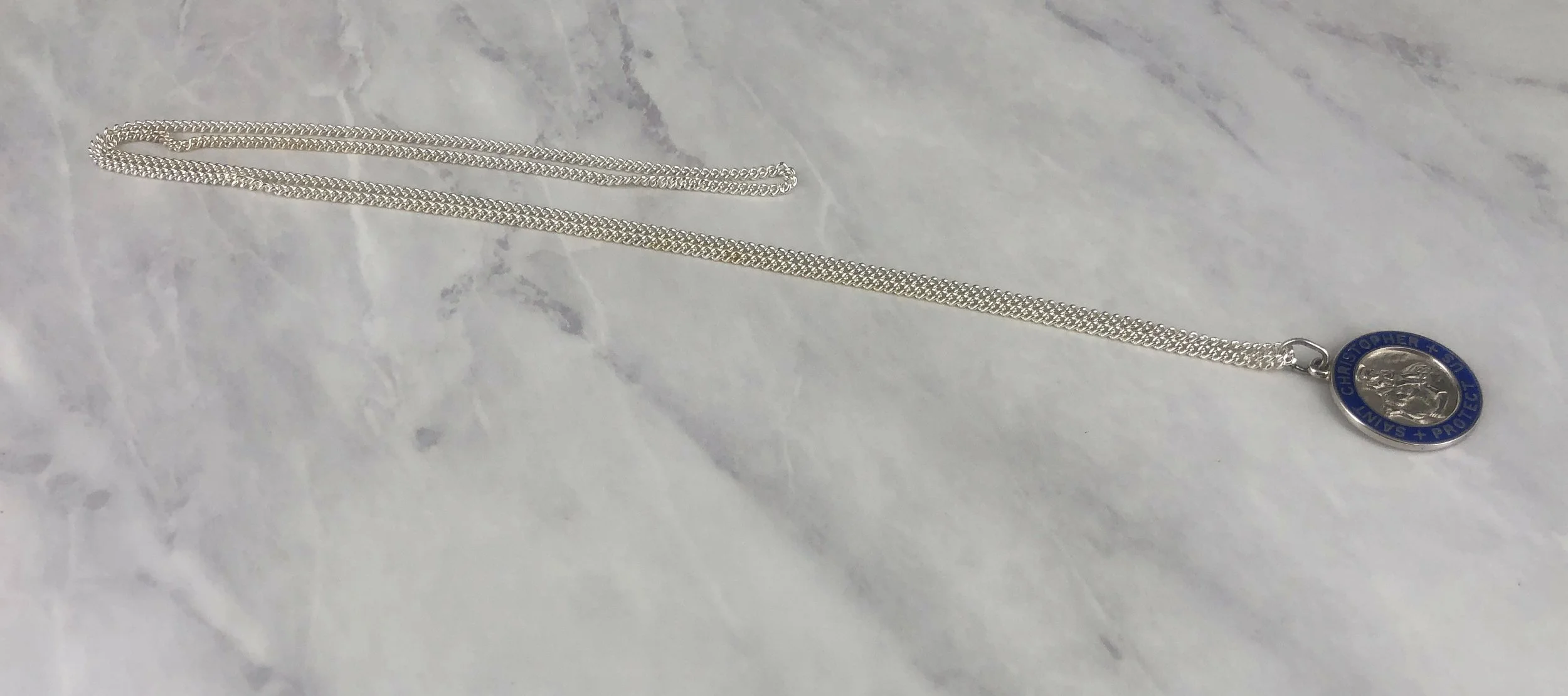 Vintage Blue Enameled Silver 13/16” St Christopher Necklace