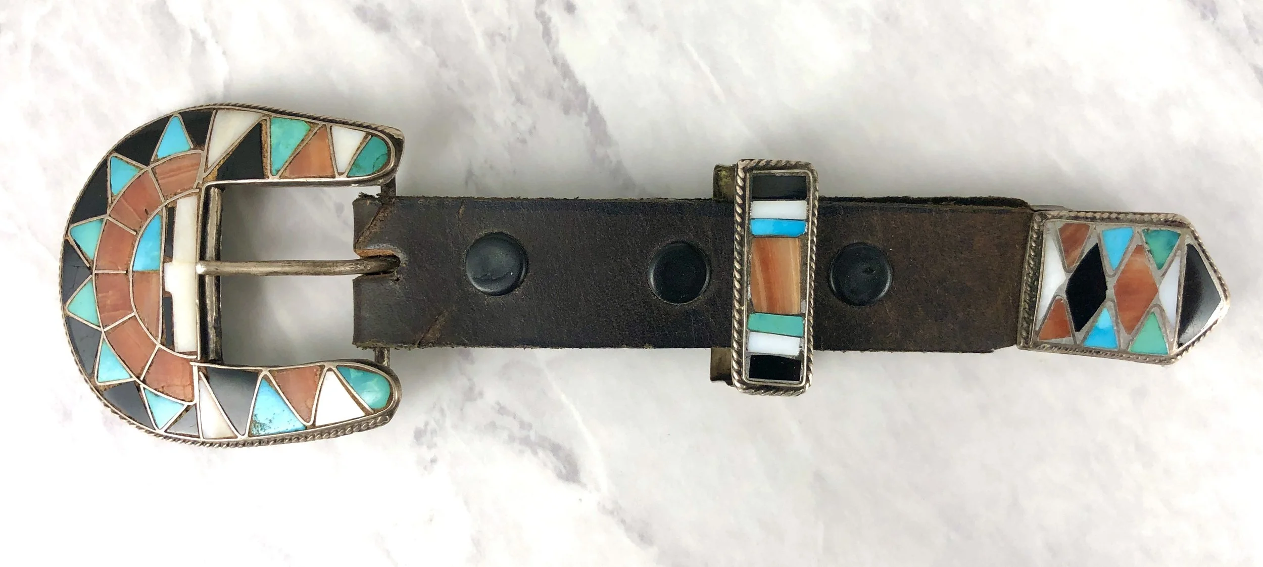 Vintage Zuni Multi Stone Inlay Sun God Ranger Buckle Set