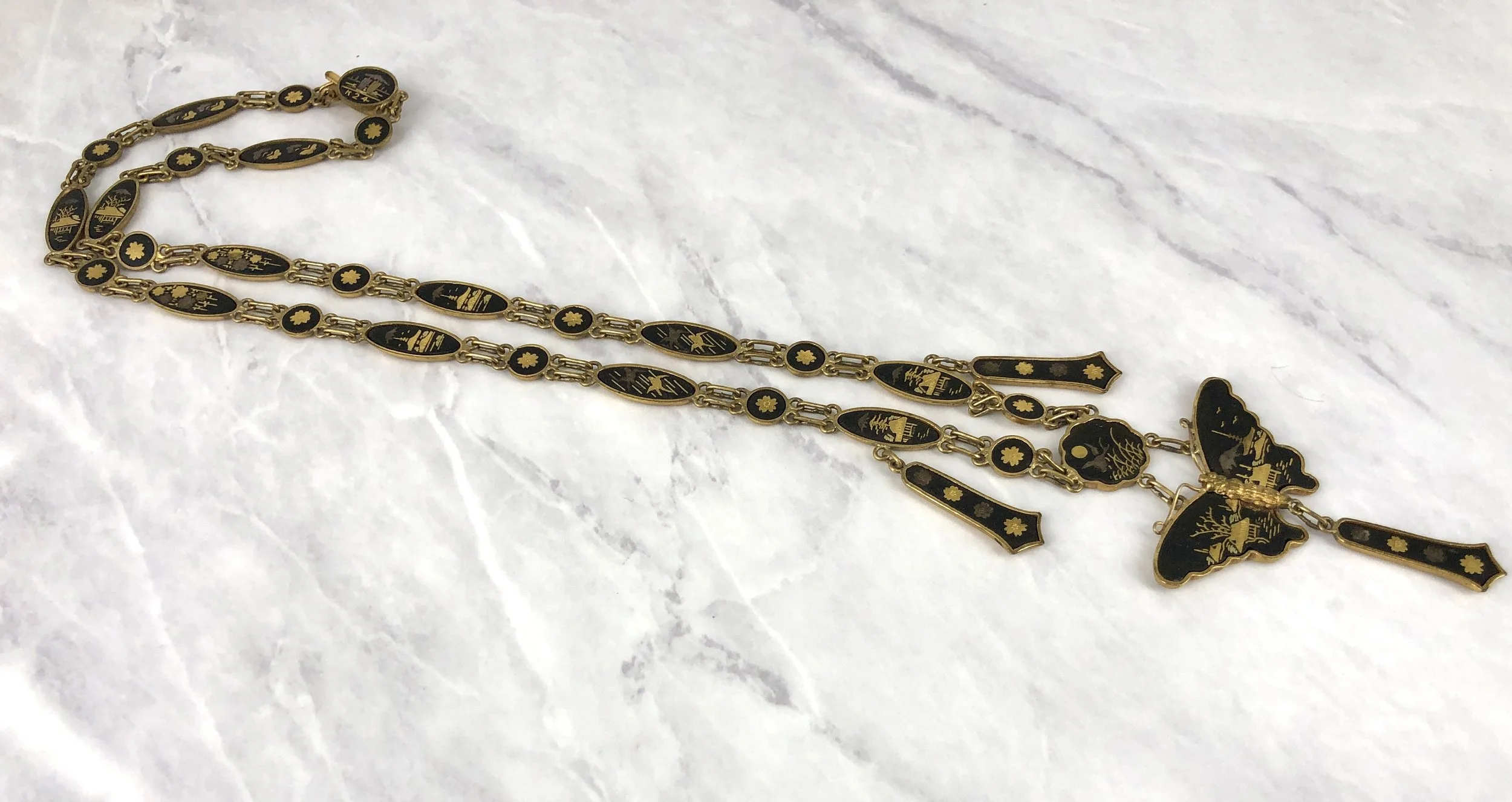 Vintage Japanese Butterfly and Pagodas Necklace