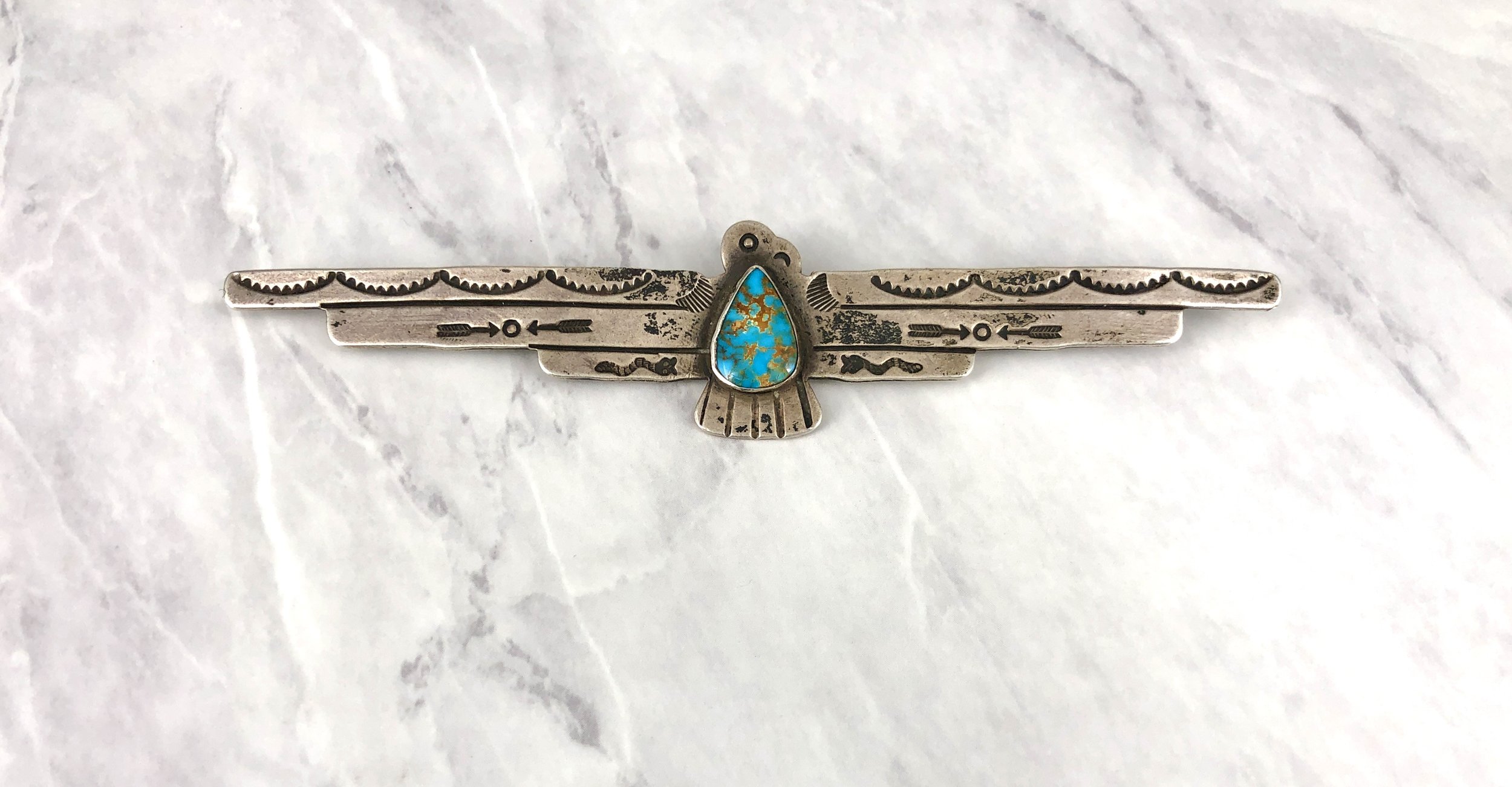 Vintage Fred Harvey Thunderbird Turquoise 5” Pin ~ Brooch