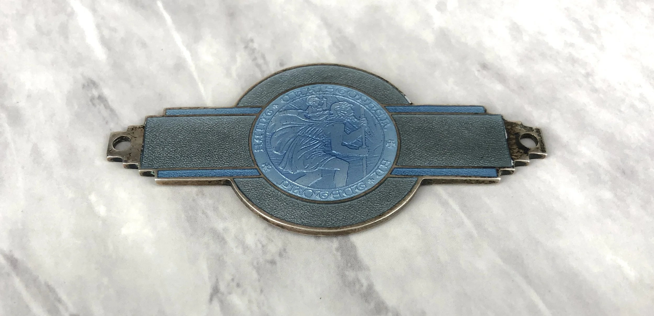 Vintage Gray and Blue Enamel Sterling Dashboard or Glove Box Plaque