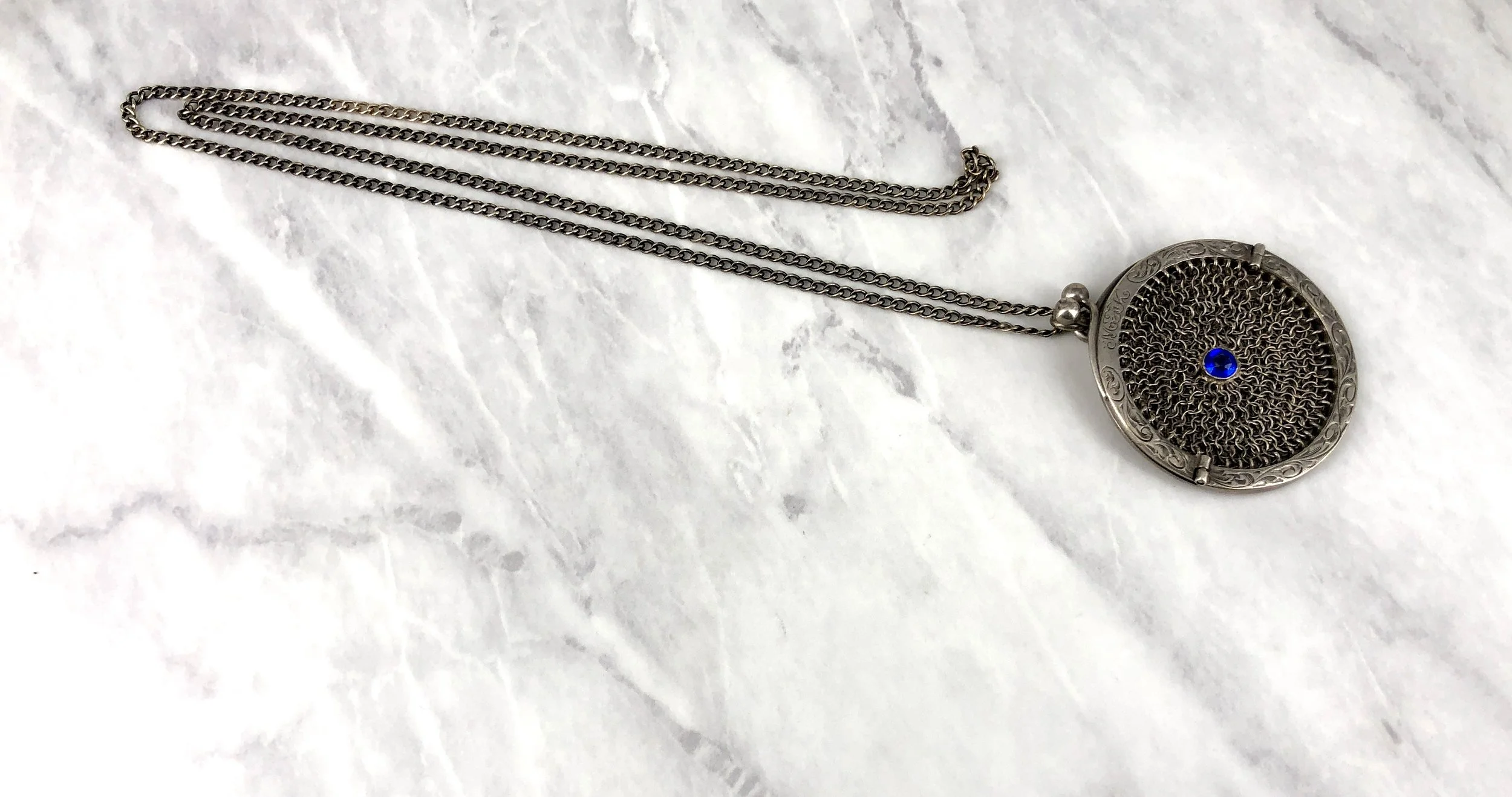 Antique Blue Jeweled Silver Talisman Keeper Necklace