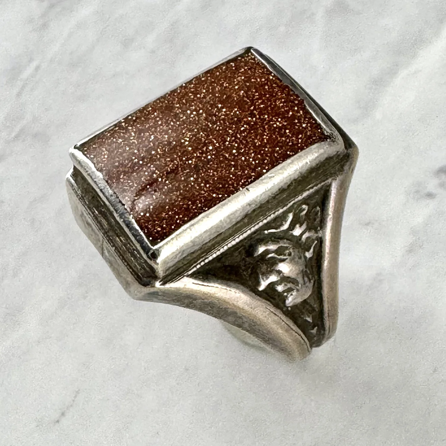 Vintage Silver & Goldstone Jester Ring — Worn-Over-Time