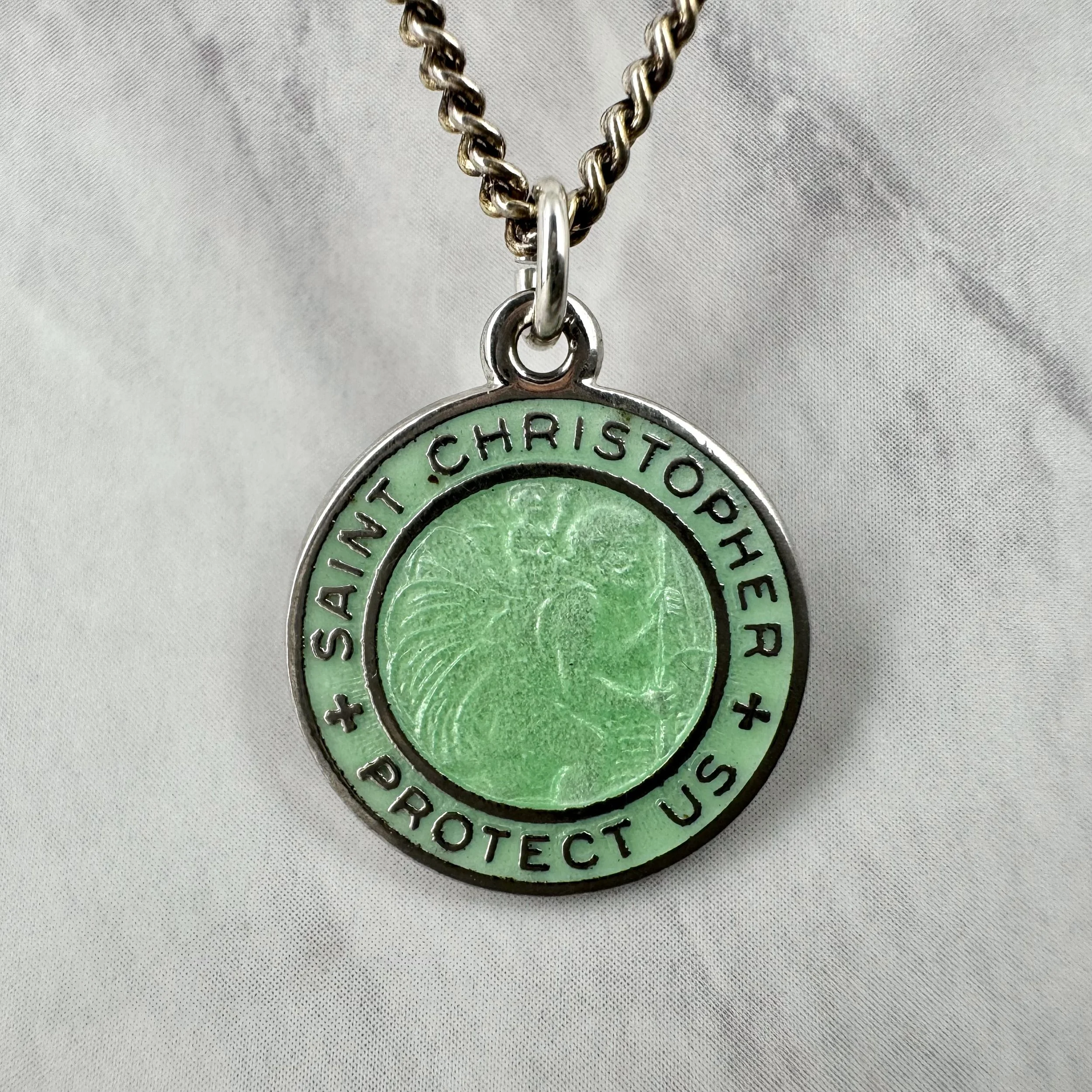 Vintage Mint Green Enameled Silver 3/4” St Christopher Necklace