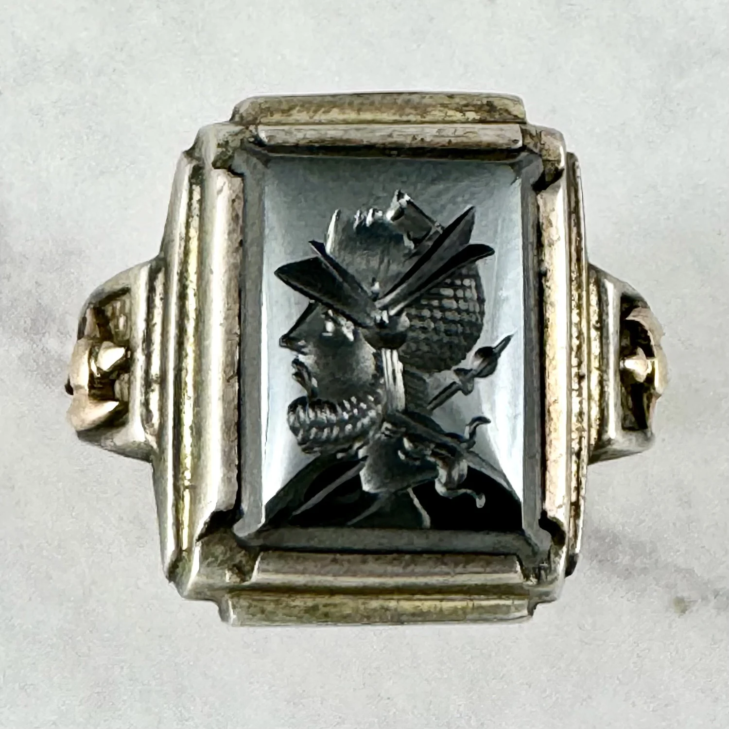 Vintage Warrior with Face Mask Helmet Intaglio Silver and Gold Axe