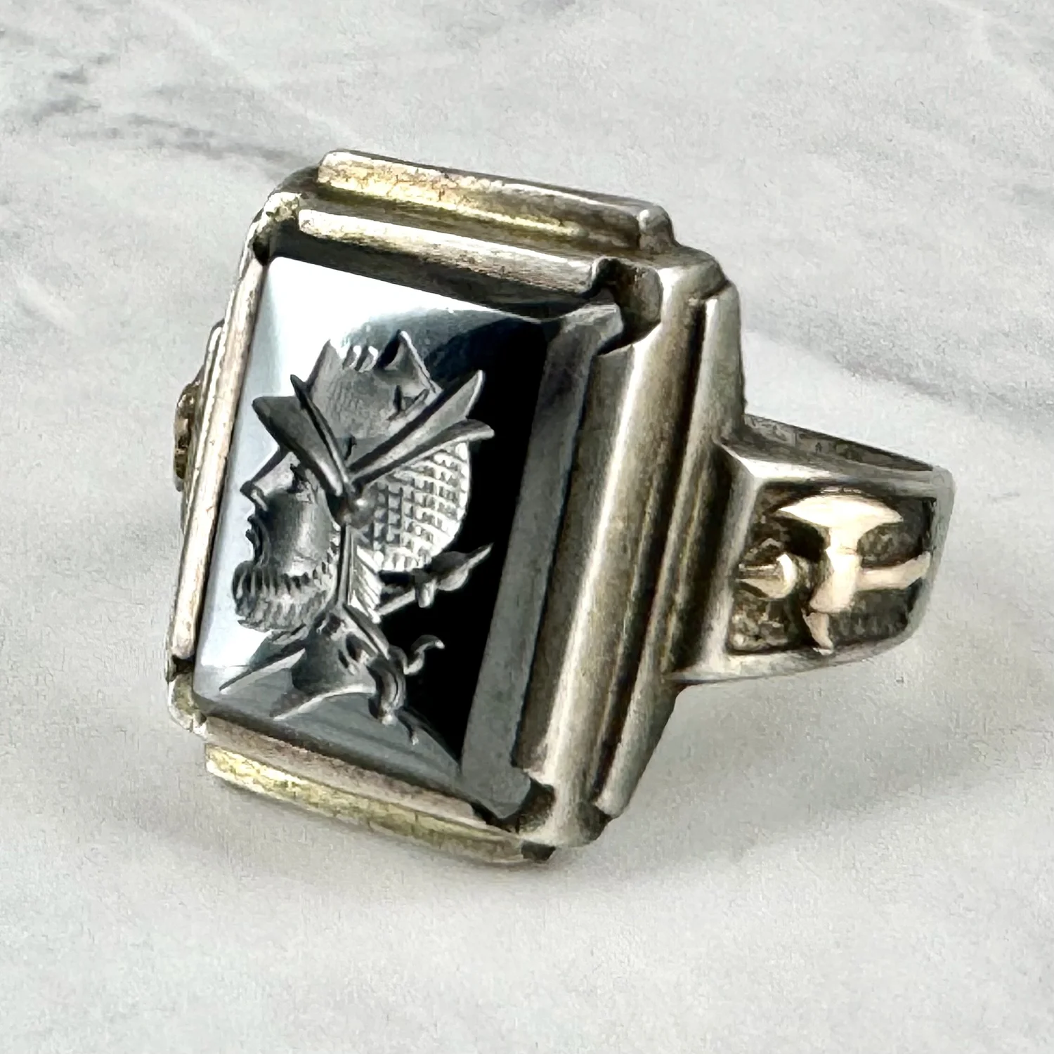 Vintage Warrior with Face Mask Helmet Intaglio Silver and Gold Axe