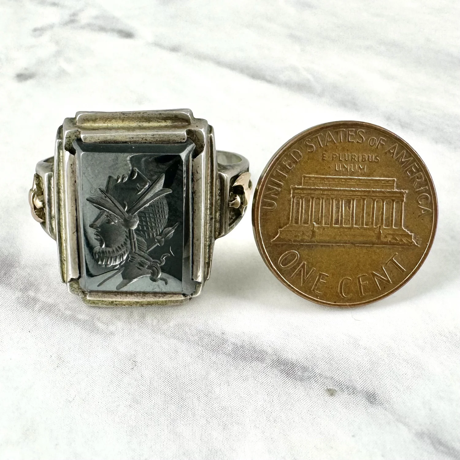 Vintage Warrior with Face Mask Helmet Intaglio Silver and Gold Axe