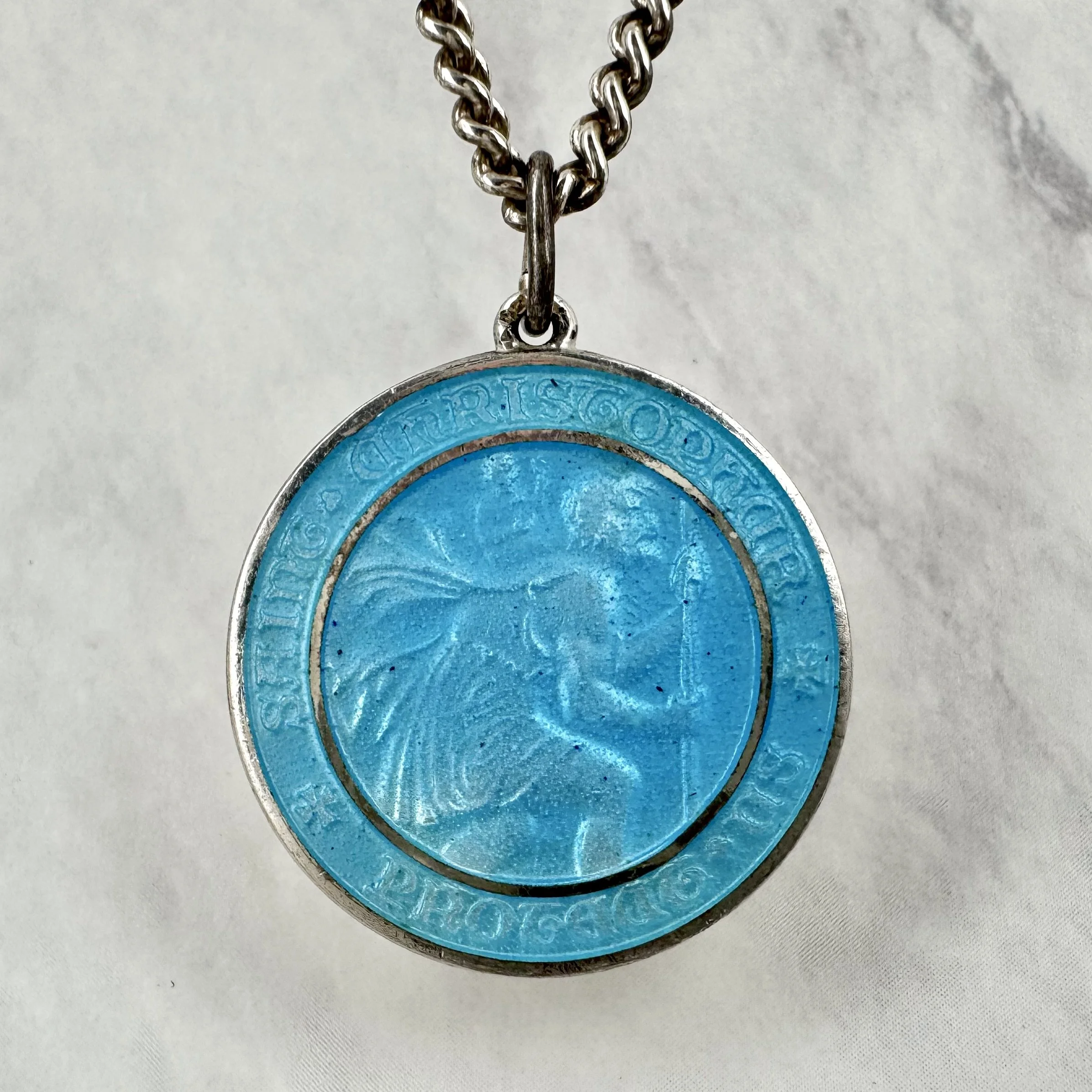 Vintage Aqua Blue Enameled Silver 1” St Christopher Necklace