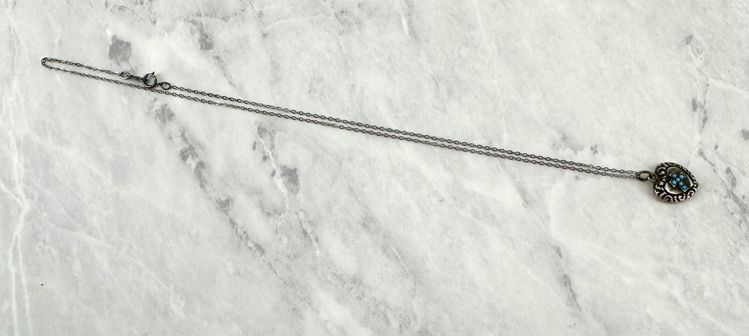 Antique Turquoise Cross Silver Heart Necklace