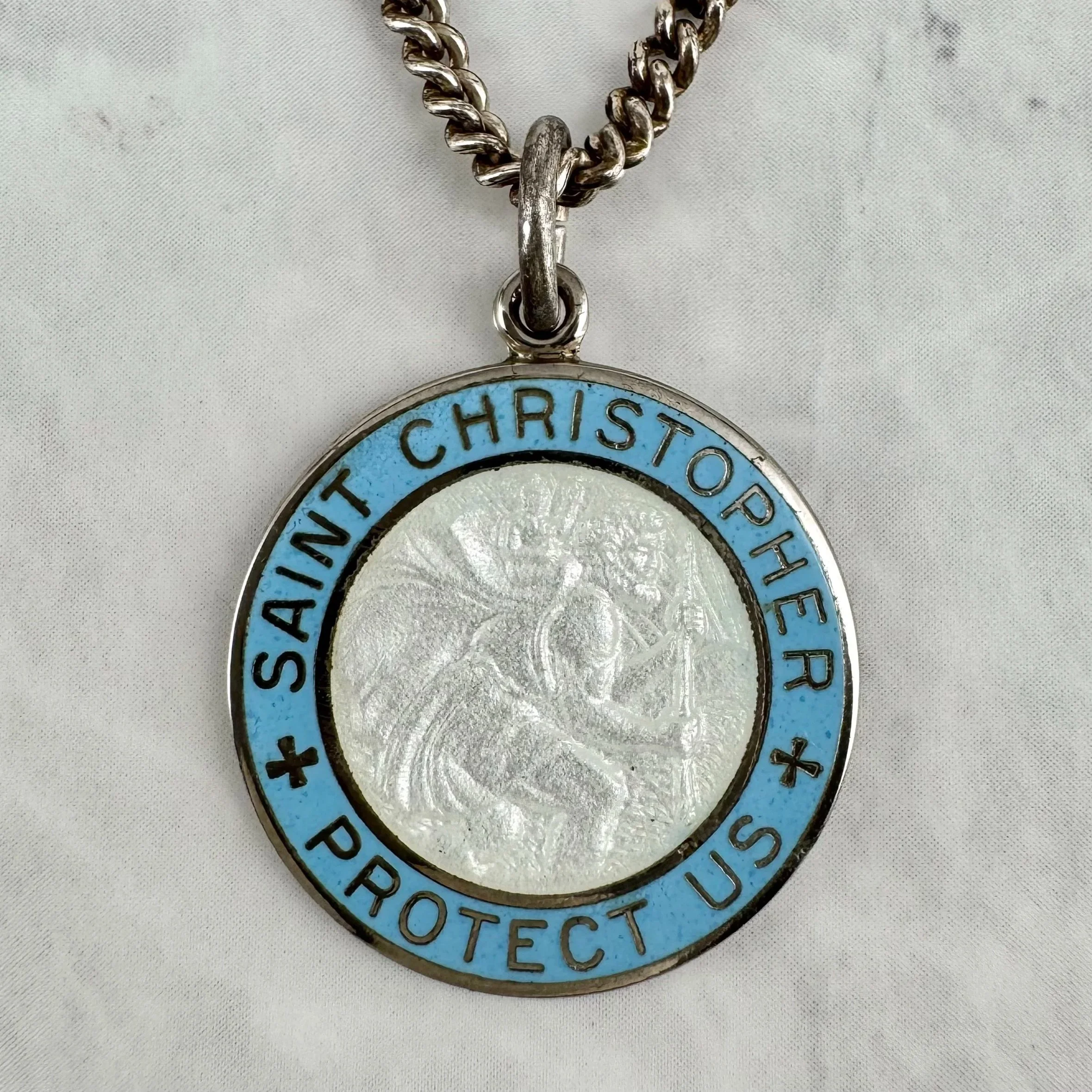 Vintage Powder Blue and White Enameled Silver 1” St Christopher Necklace