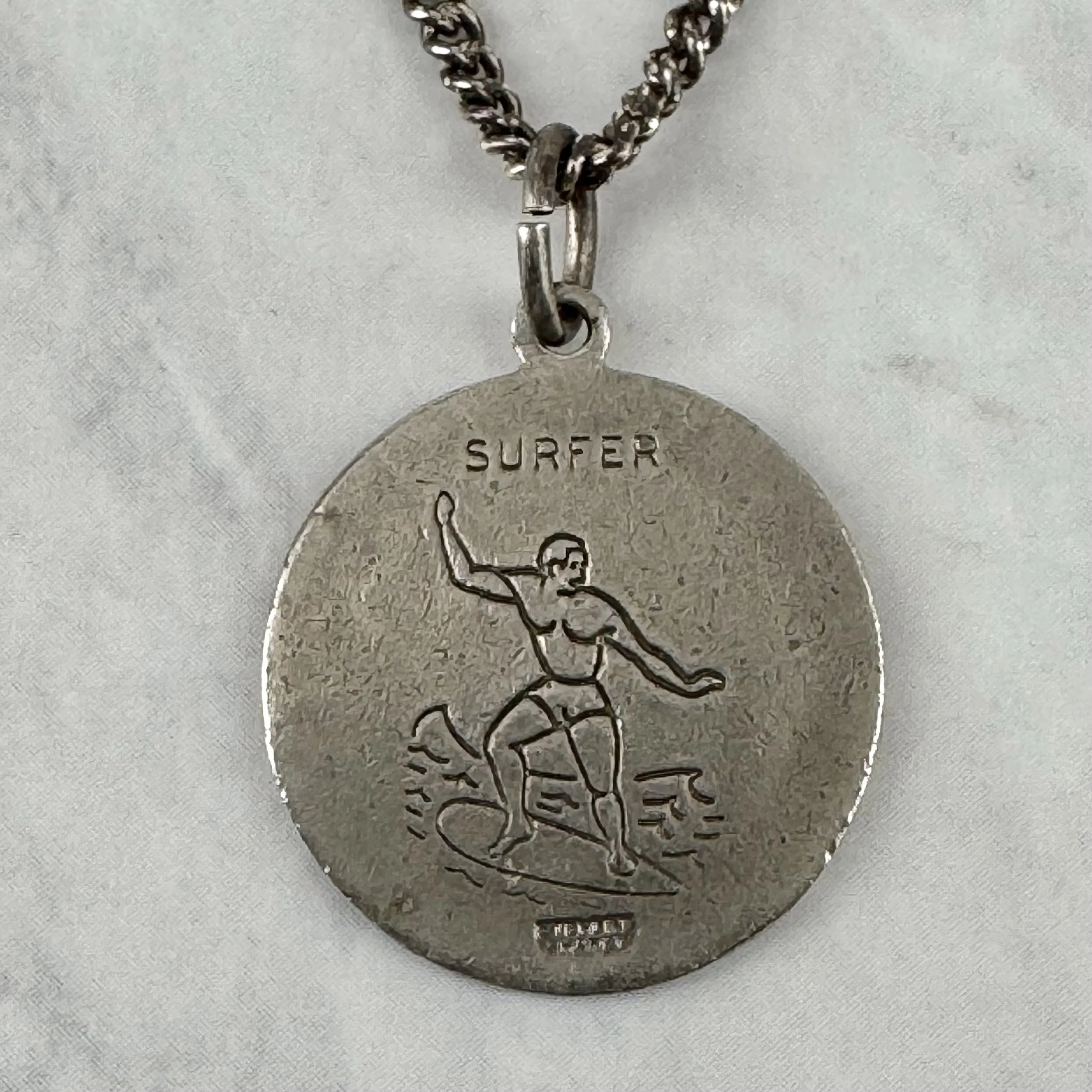 Vintage 2-Tone Green Enameled Silver 13/16” St Christopher Surfer Necklace