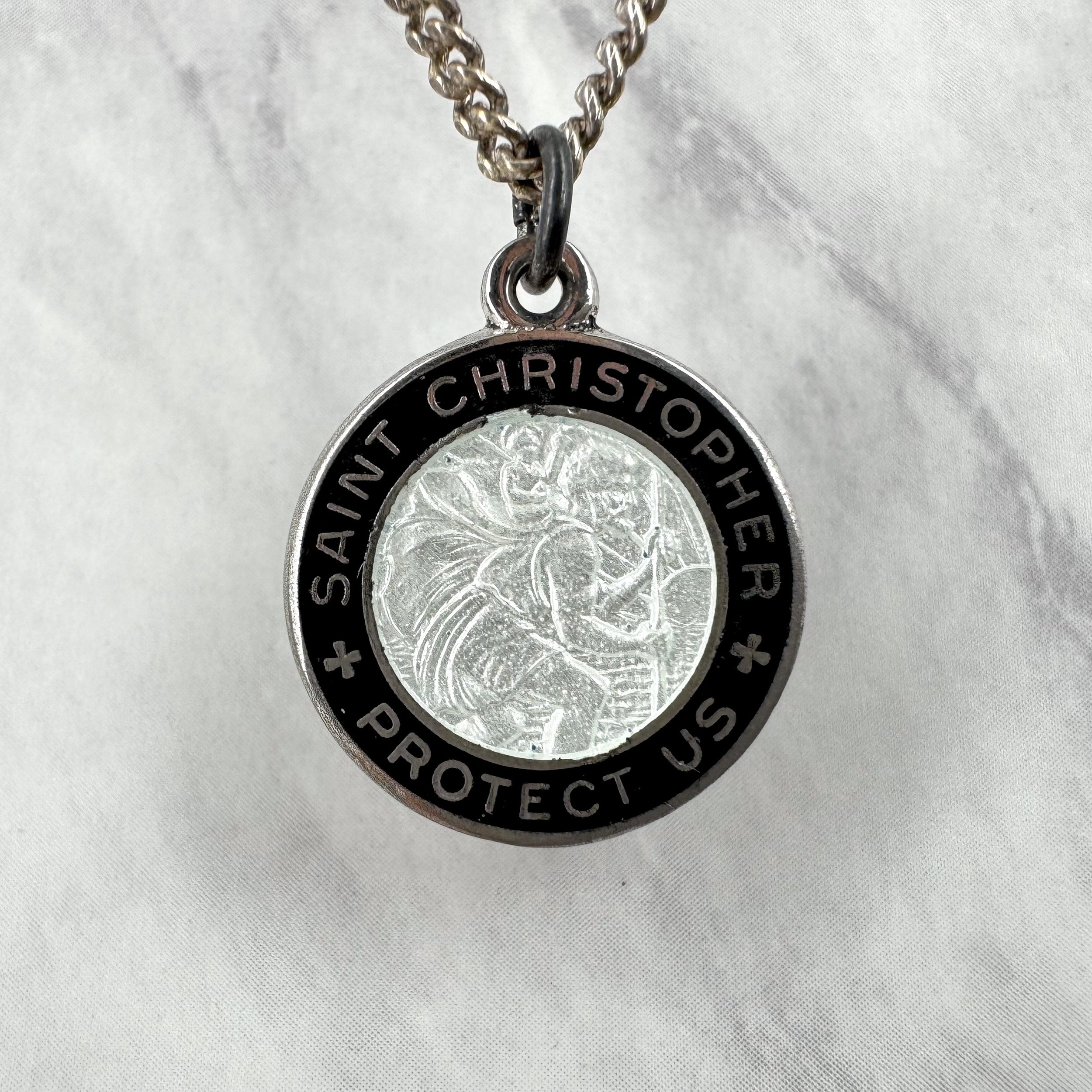 Vintage Black and White Enameled Silver 3/4” St Christopher Necklace