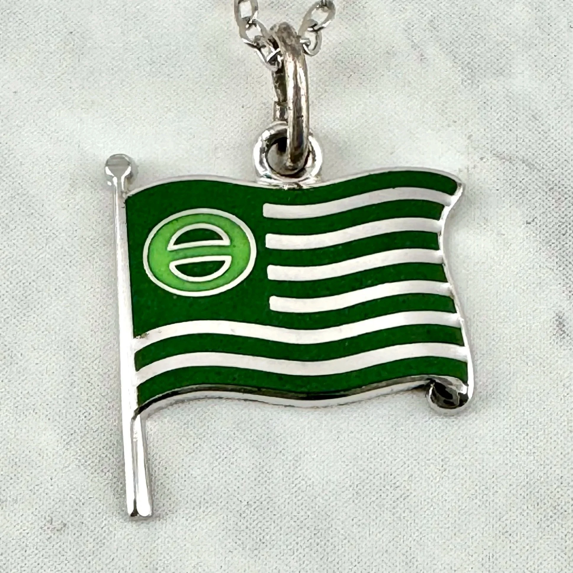 Vintage Extra Small Green Enameled 1/2” Ecology Flag Silver Necklace