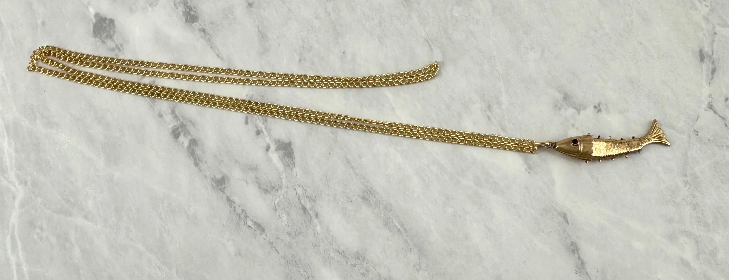 Vintage Gold Articulated Fish with Red Jewel Eyes Necklace