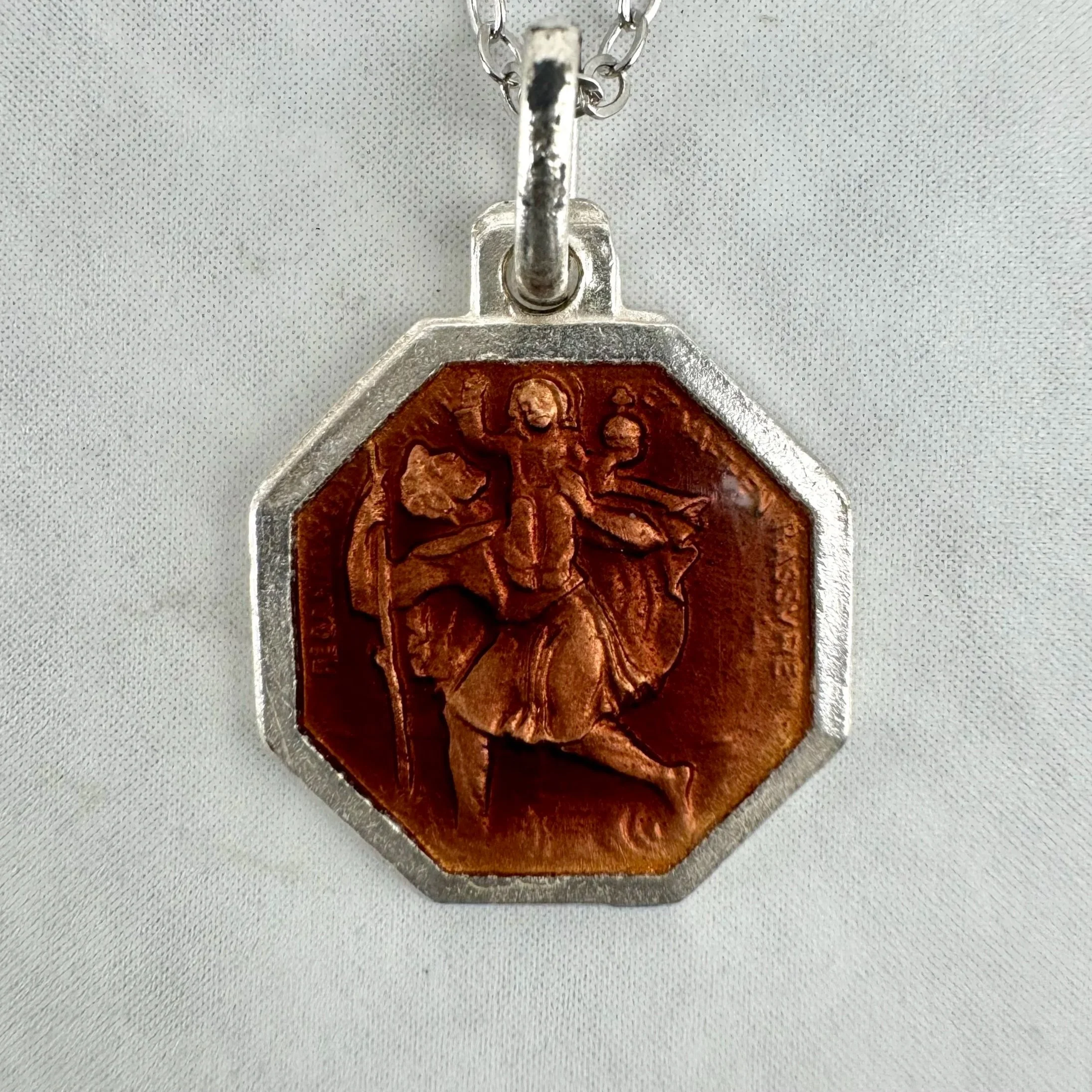 Vintage Extra Small French Brown Enameled 1/2” St Christopher Safe Car Travel Necklace