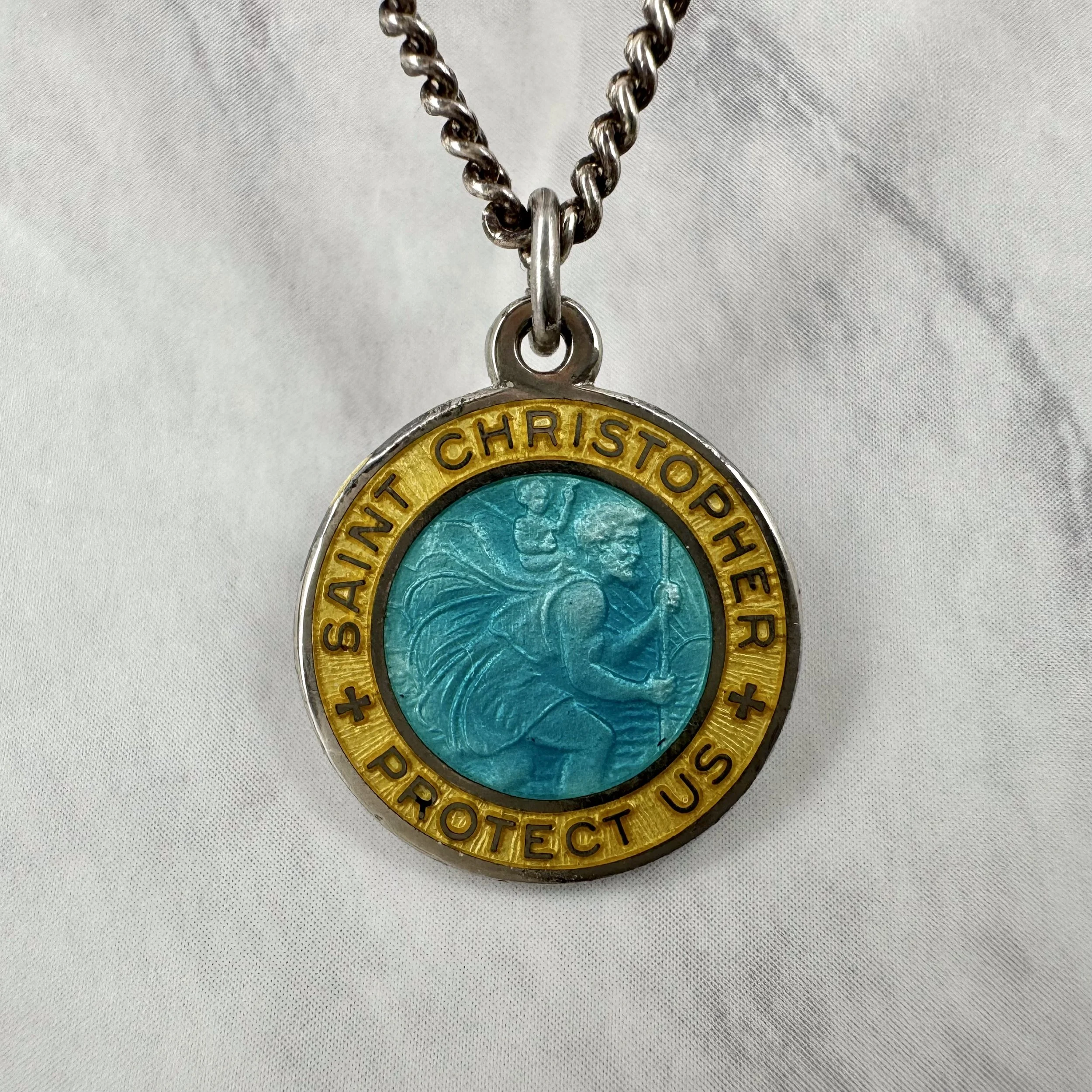 Vintage Yellow and Turquoise Enameled Silver 3/4” St Christopher Necklace