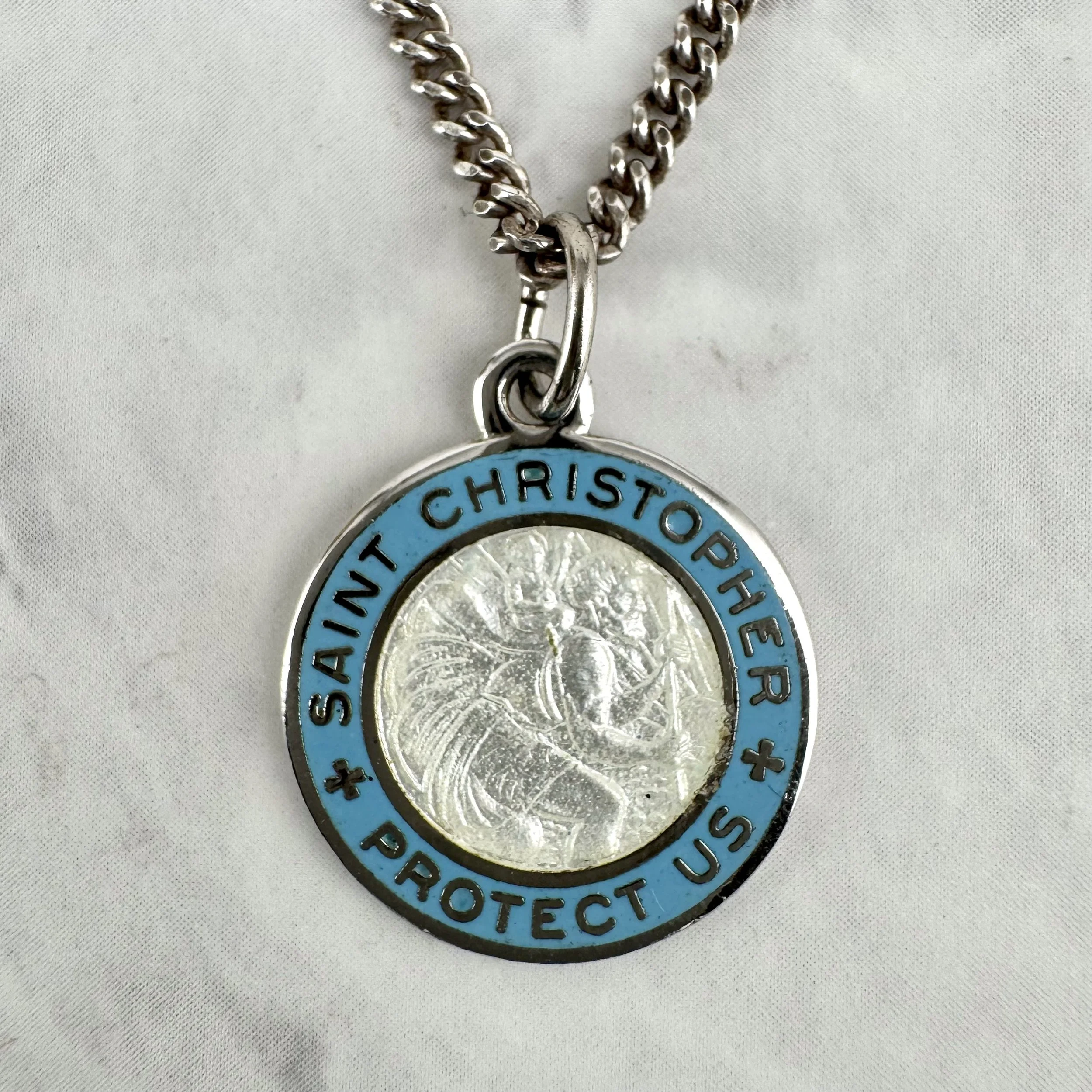 Vintage Powder Blue and White Enameled Silver 3/4” St Christopher Necklace