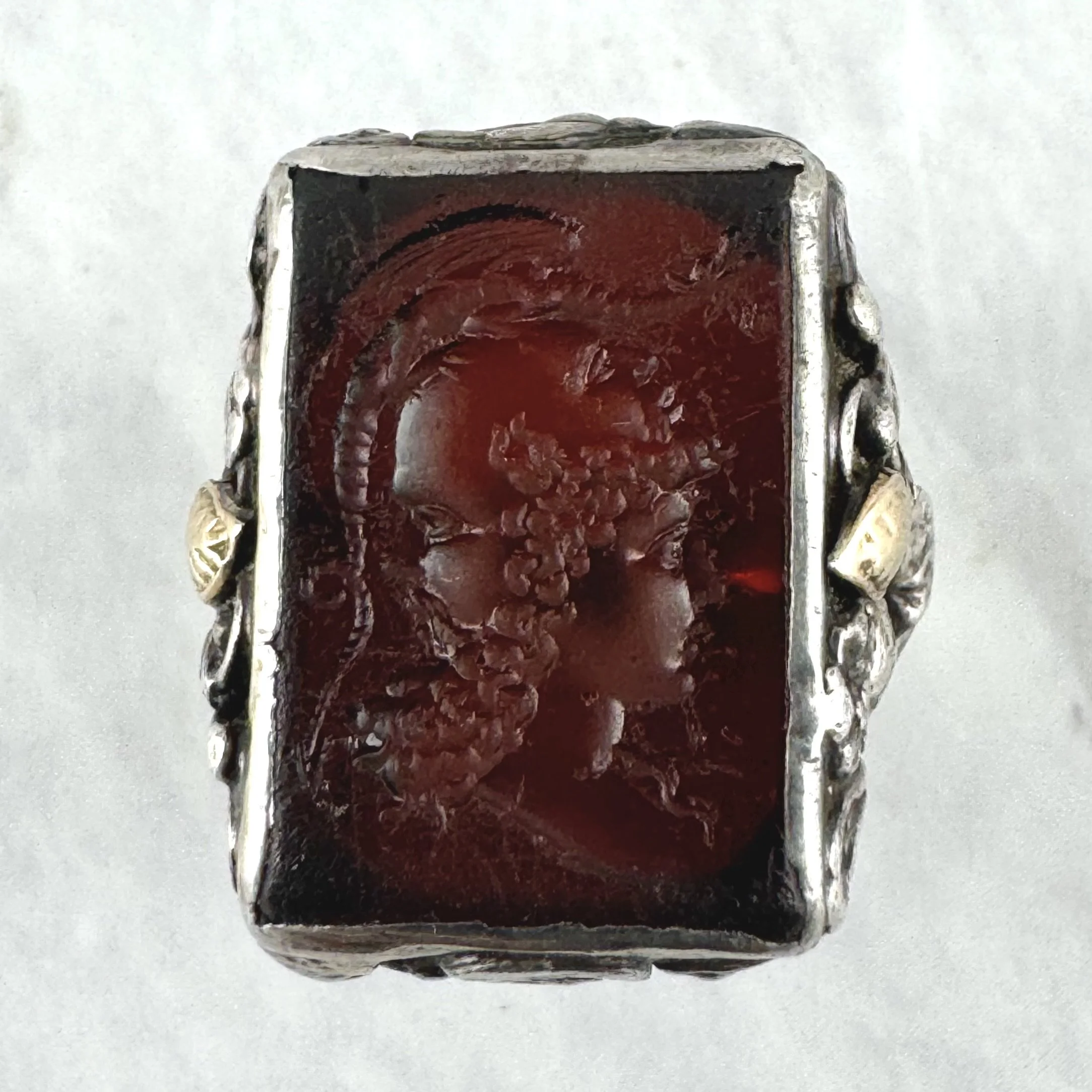 Vintage Triple Faces and Dragon Carnelian Intaglio Silver and Gold Ring