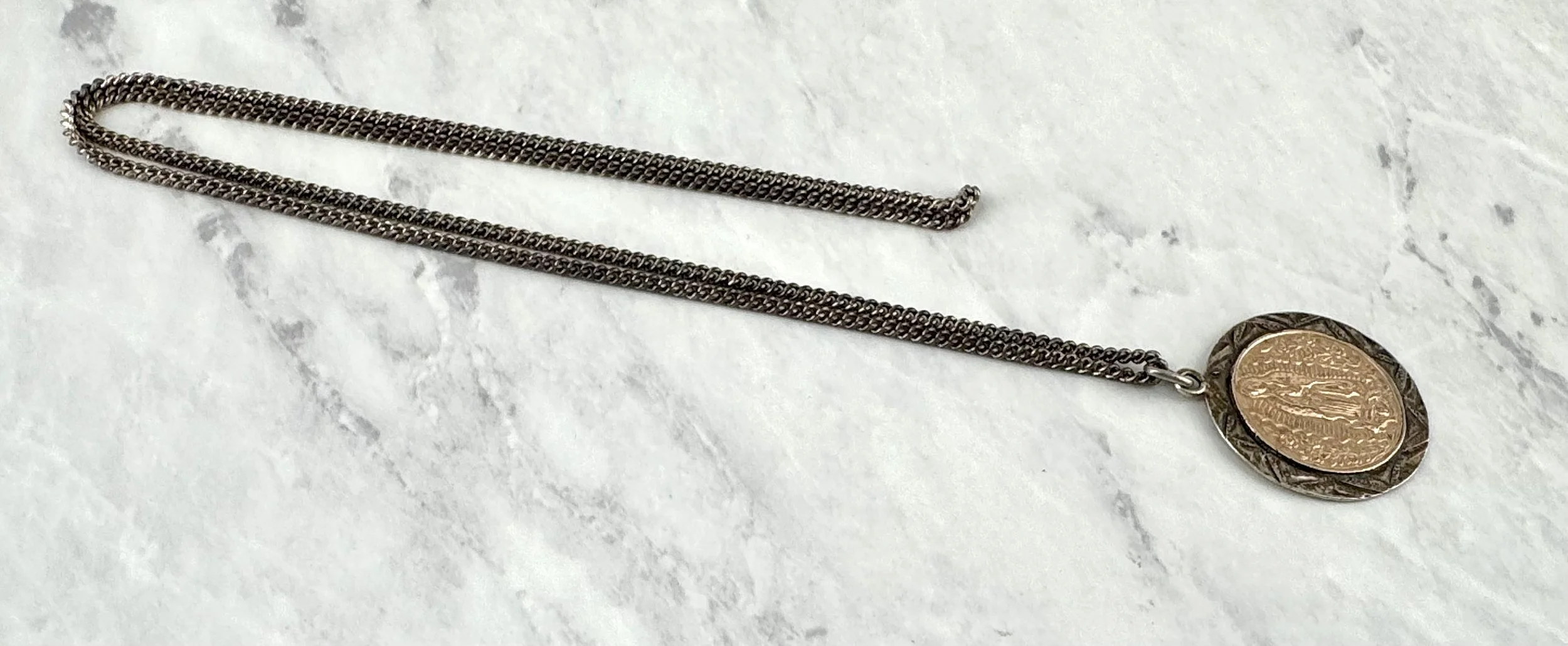 XL Vintage Our Lady of Guadalupe Silver and Gold Necklace