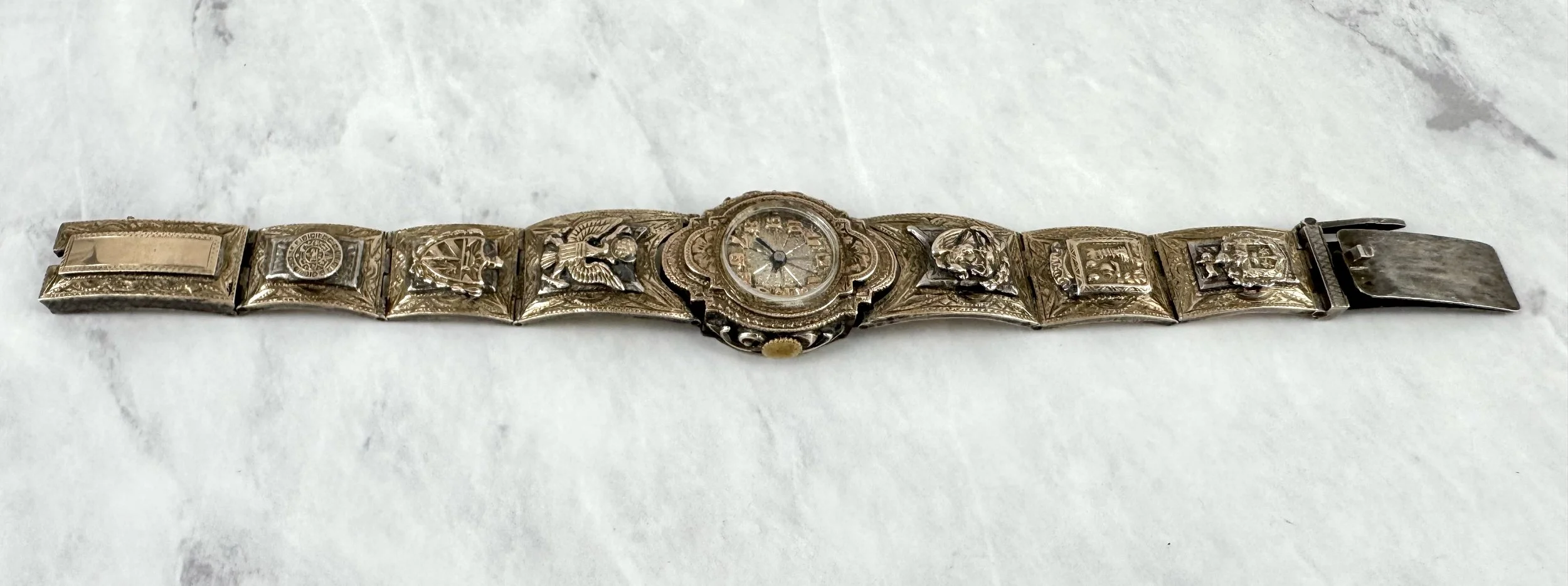 Vintage WW2 Sweetheart Silver and Gold Encased Swiss Wristwatch Bracelet with Mexican and US Military Insignias