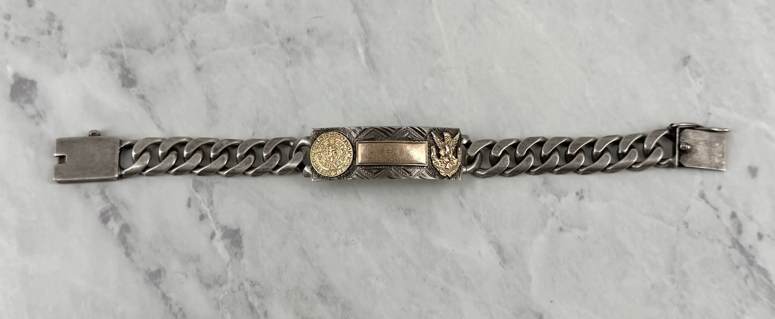 Vintage Mexican Silver ID Bracelet with Gold Overlay Golden Eagle and Aztec Calendar Embellishments Engraved G.R.H.