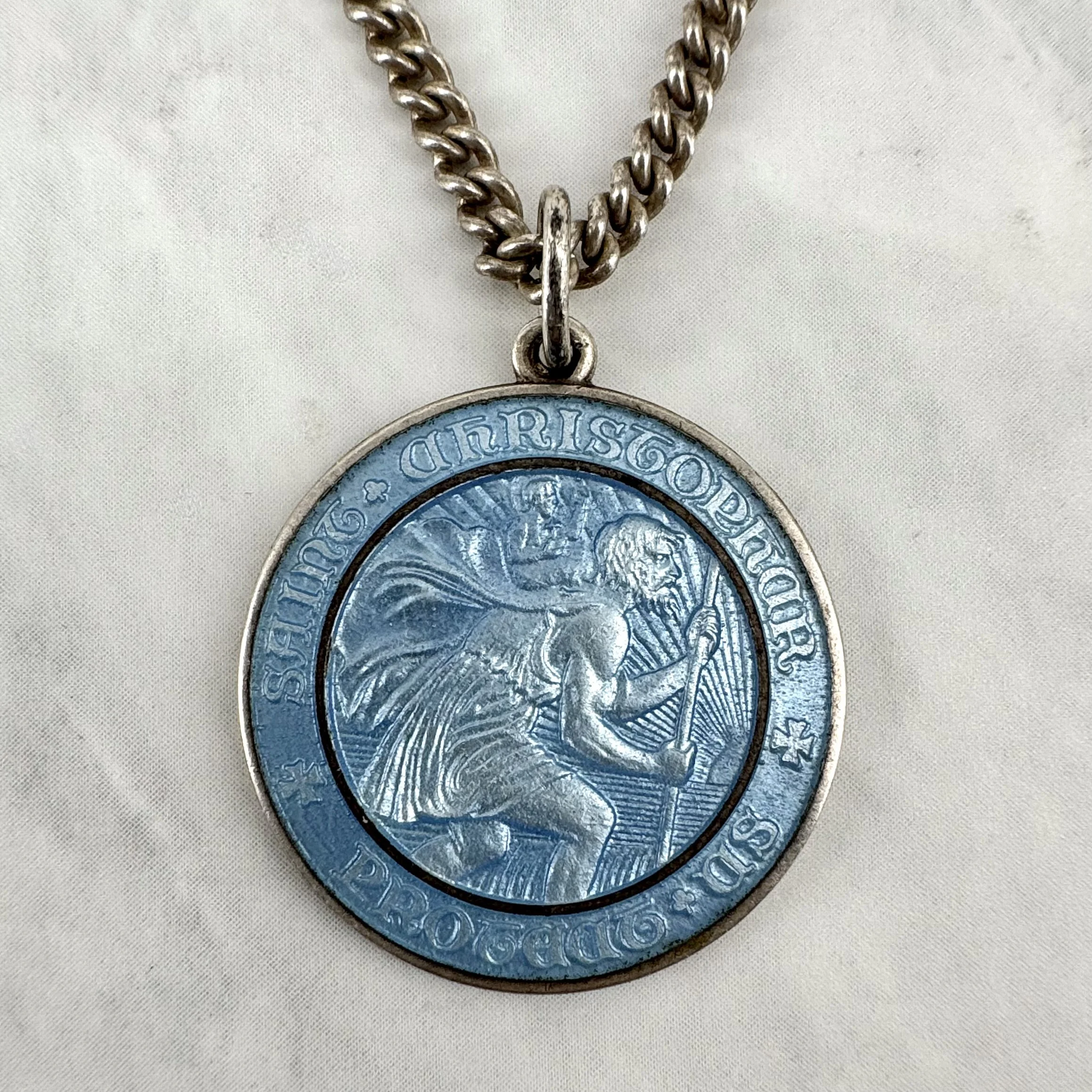 Vintage Grey Blue Enameled Silver 1” St Christopher Necklace