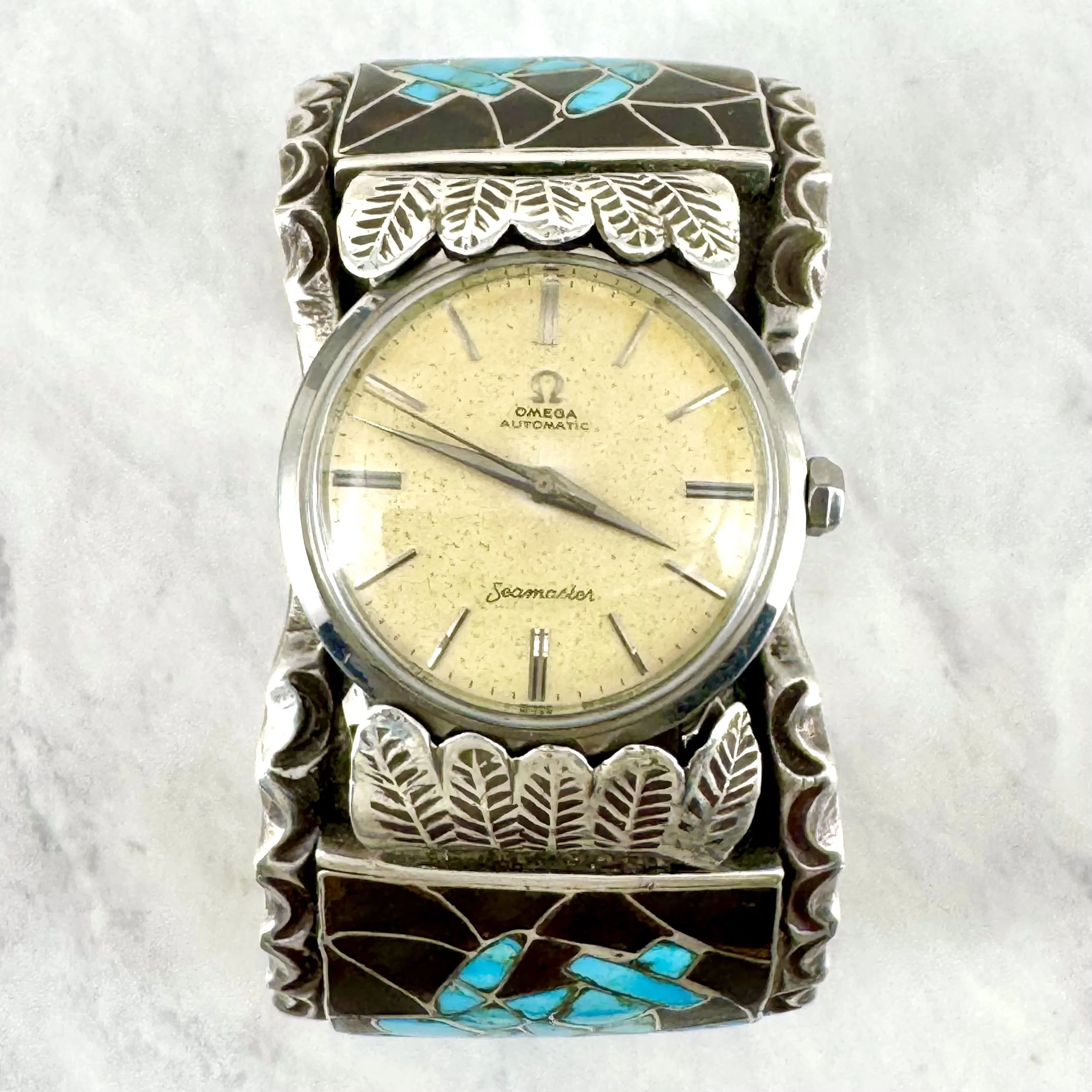 Vintage Zuni Turquoise and Tortoise Shell Inlay Yei Watch Cuff with Omega Automatic Seamaster Wristwatch